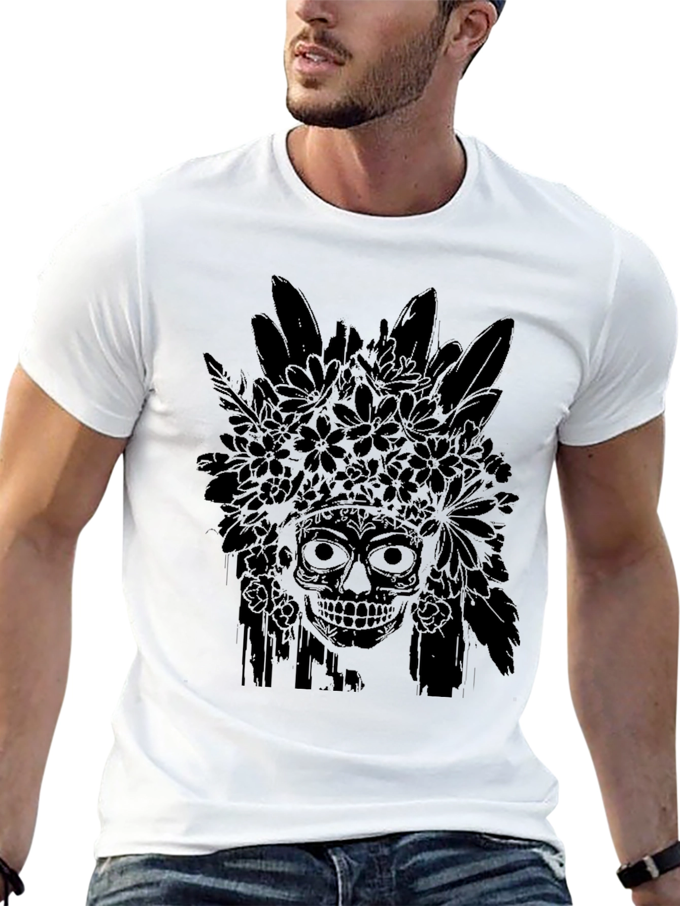 Black Floral Skull Graphic Tee - Men's Black T-Shirt view 13