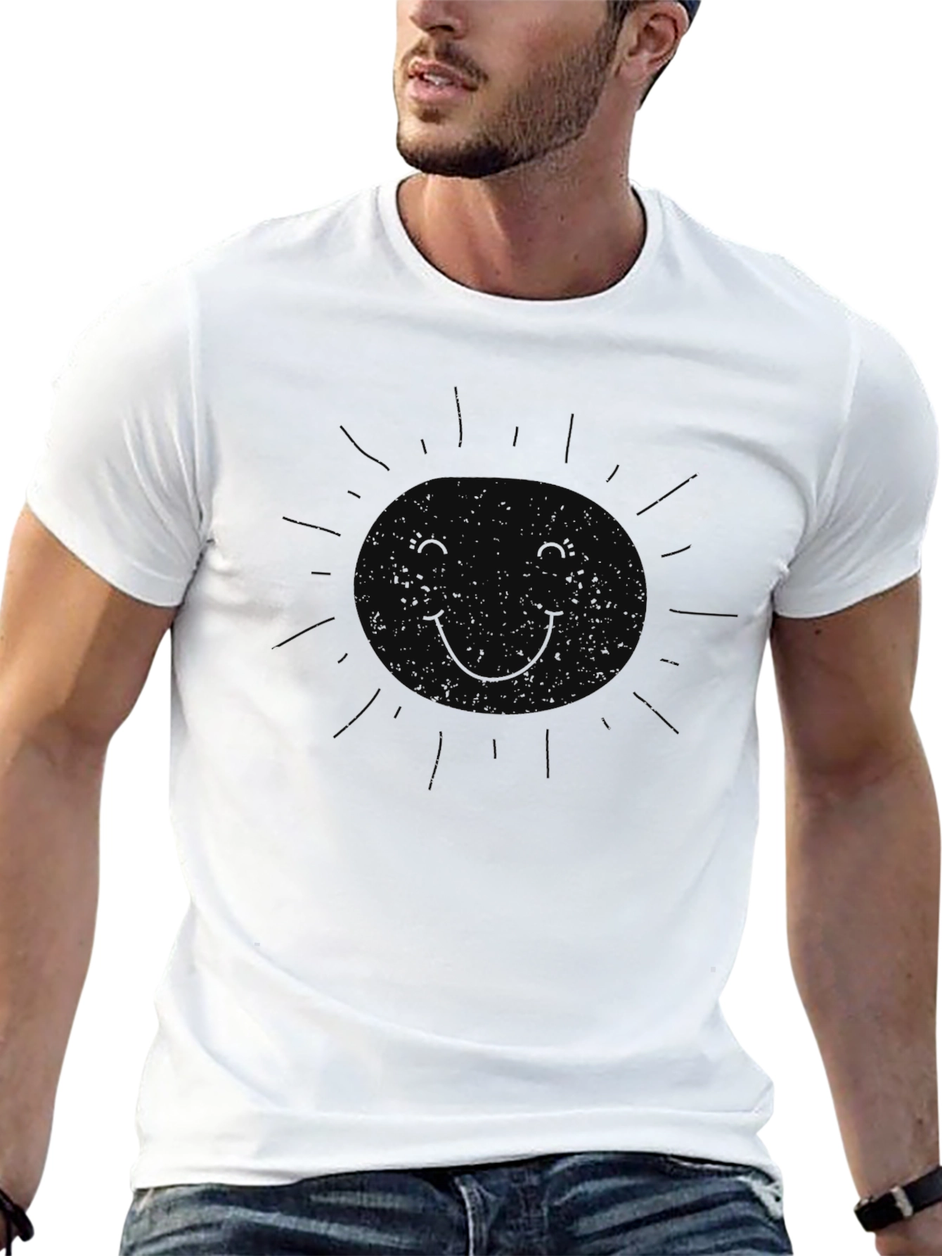 Black Men's Black Graphic T-Shirt - Subtle Sun Design view 13