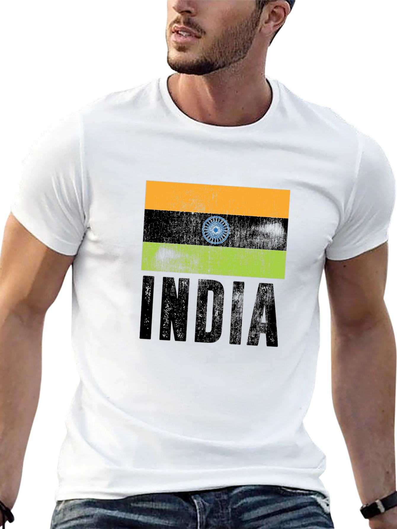 Black India Flag Graphic T-Shirt - Black Crew Neck Tee view 13