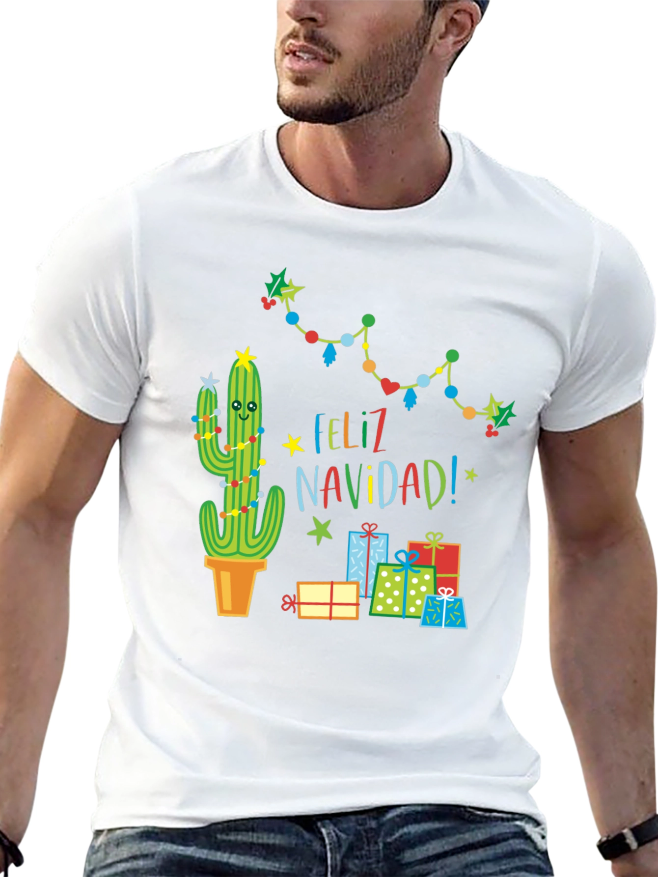 Black Feliz Navidad Cactus T-Shirt - Holiday Gift view 13