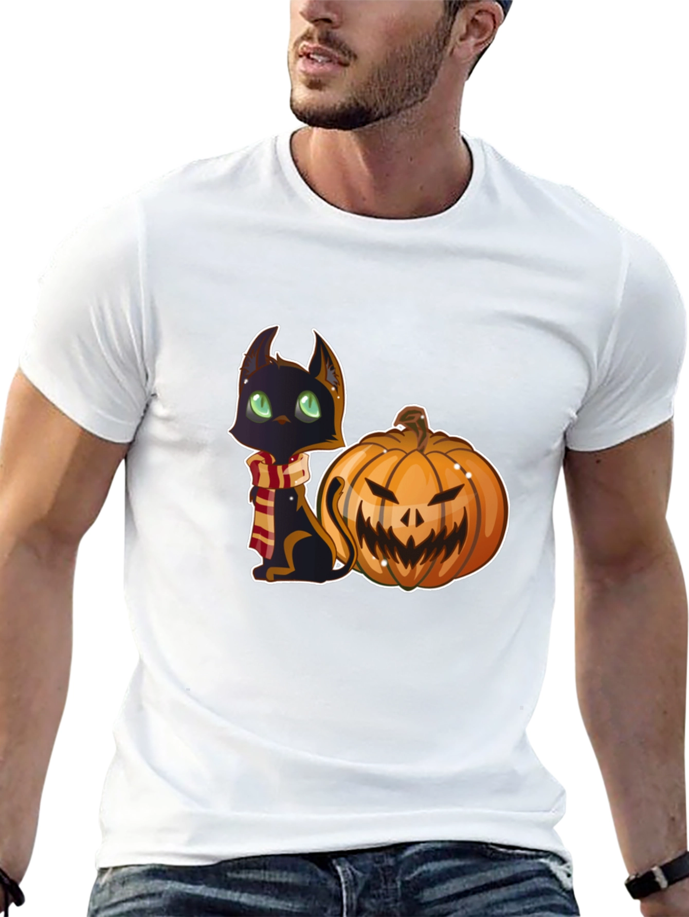 Black Halloween Cat & Pumpkin Black T-Shirt view 13