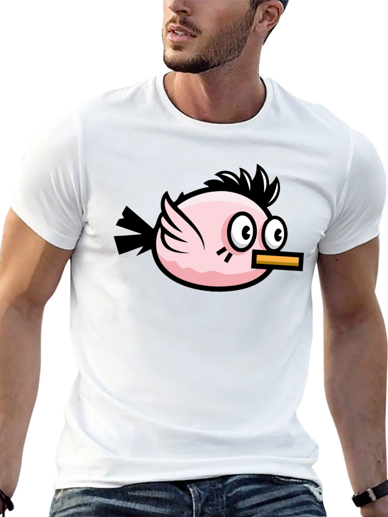 Black Funny Pink Bird Graphic Tee - Black Cotton T-Shirt view 13