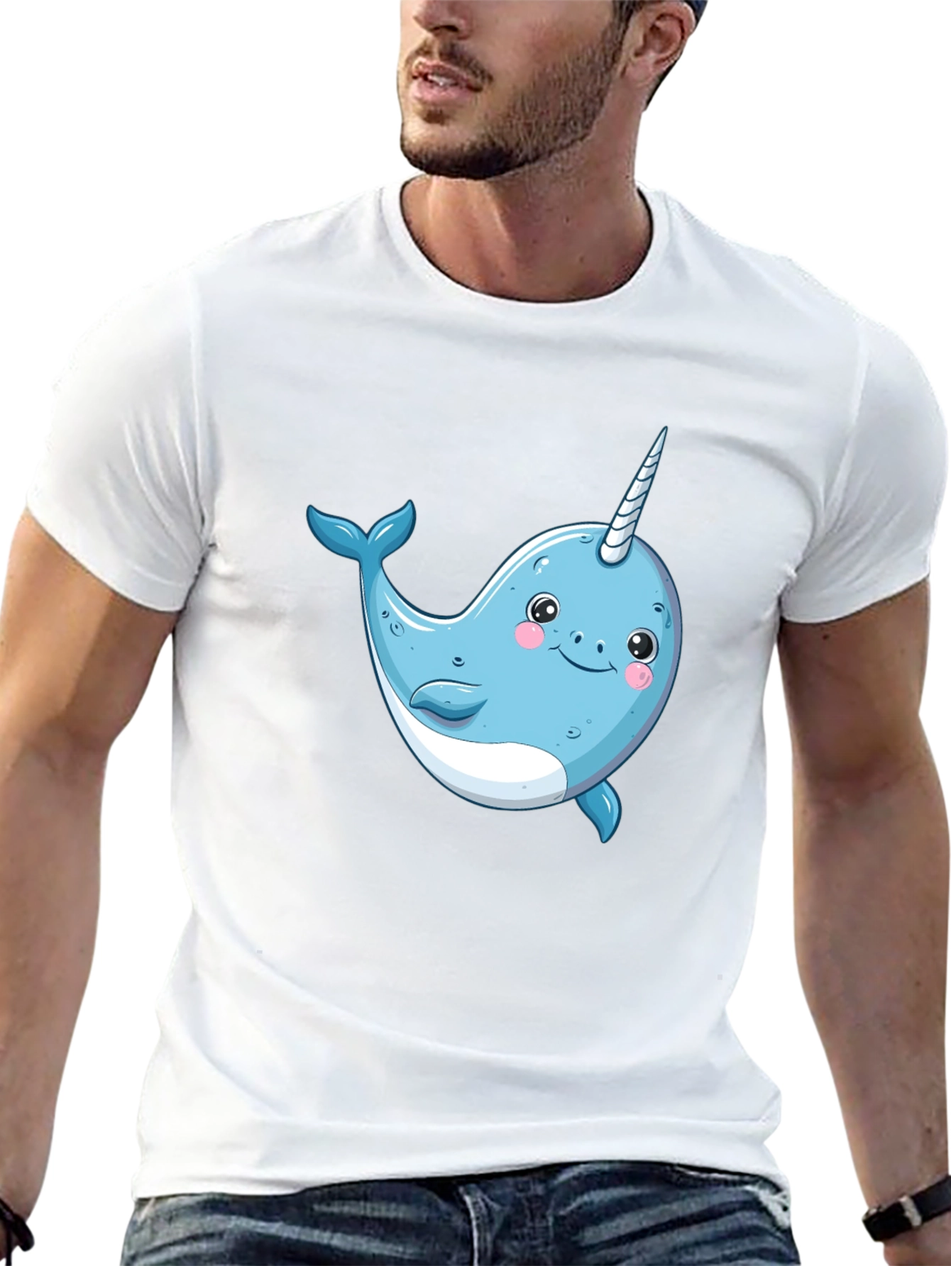 Black Cute Narwhal Graphic Tee - Black Cotton T-Shirt view 13