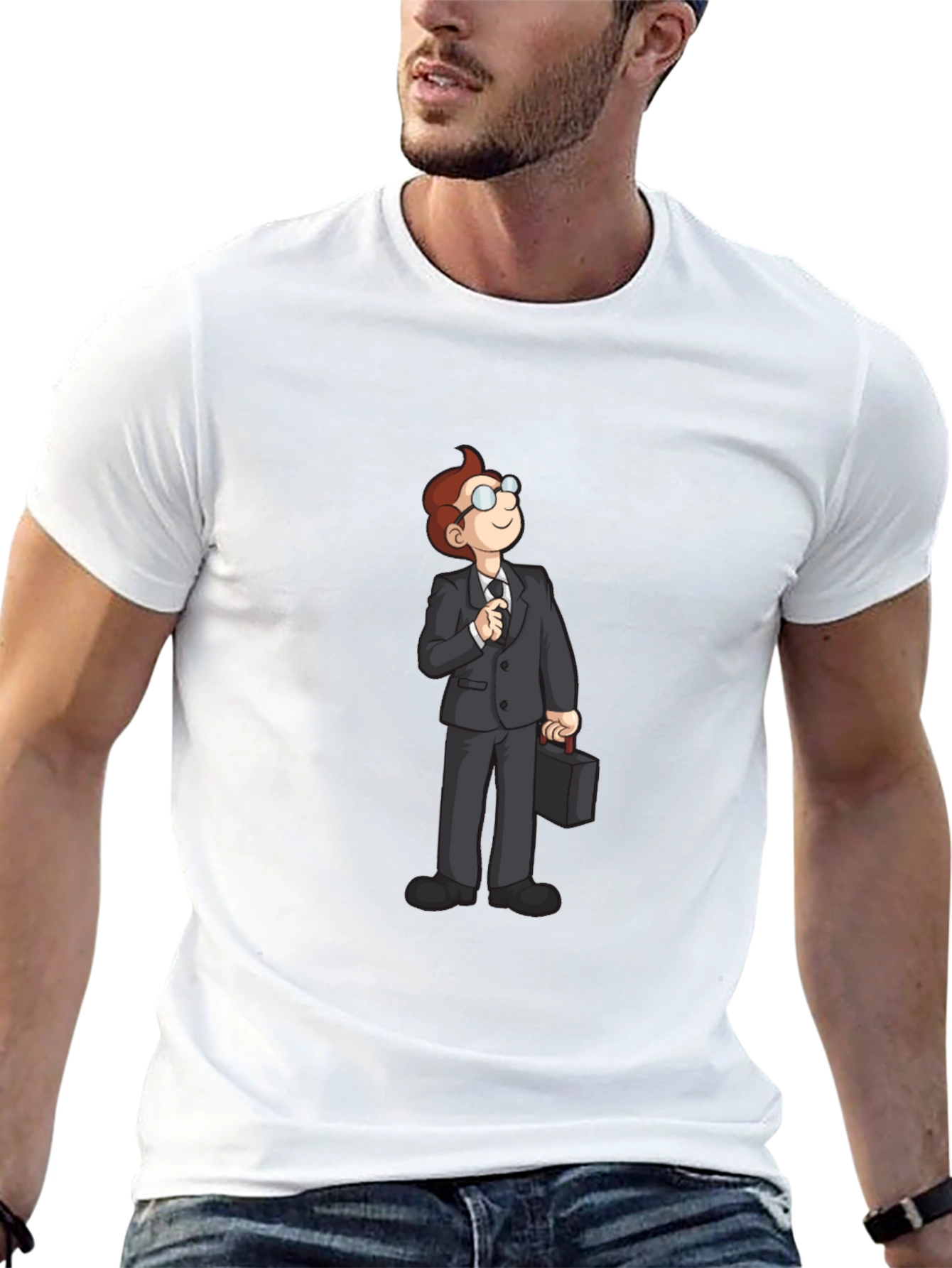 Black Cartoon Businessman Graphic Tee - Black Casual T-Shirt view 13