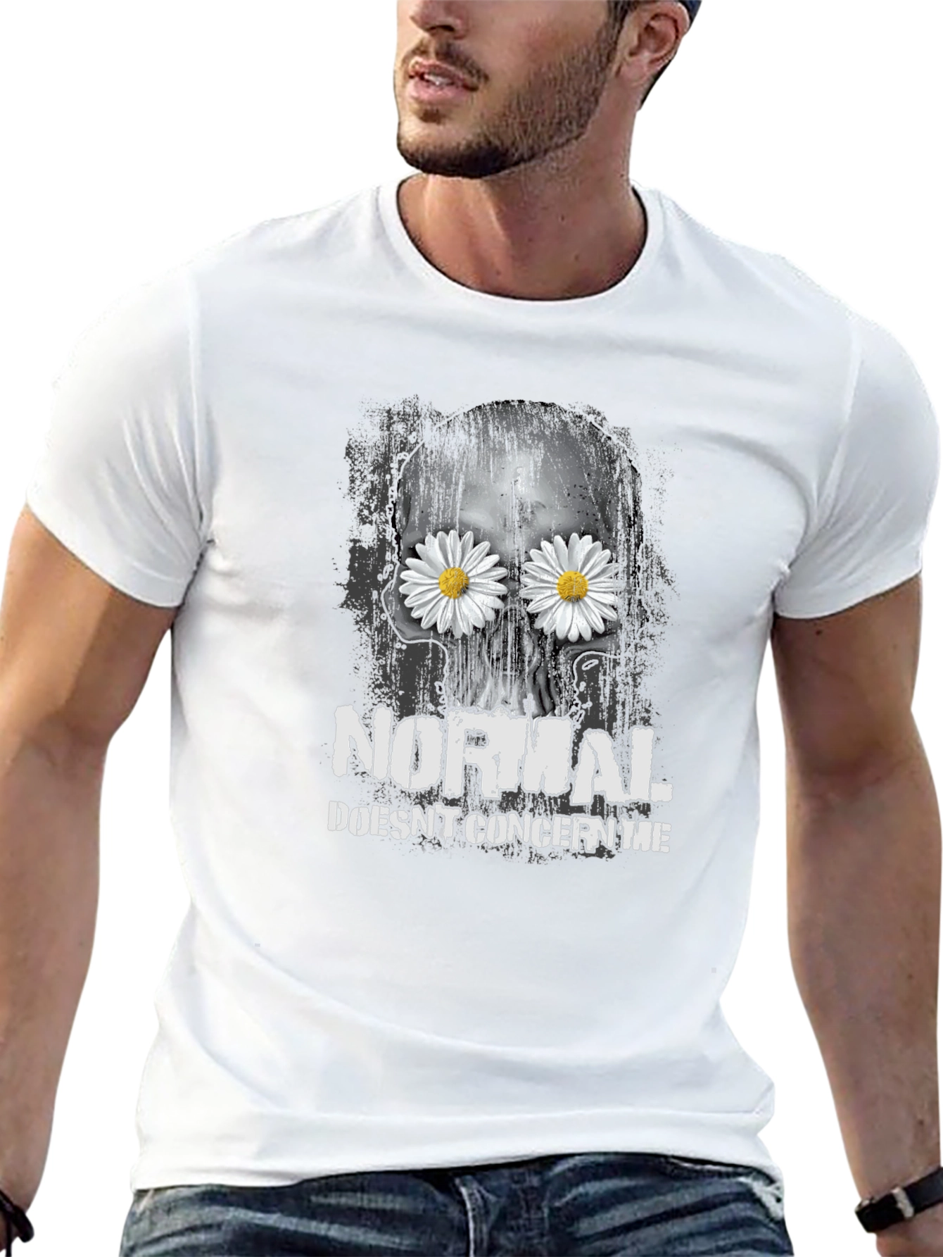 Black Skull & Daisies T-Shirt - Normal Doesn't Concern Me Graphic Tee view 13