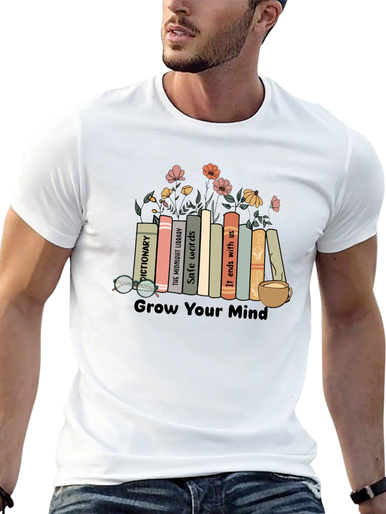 Black Grow Your Mind Bookshelf T-Shirt view 13