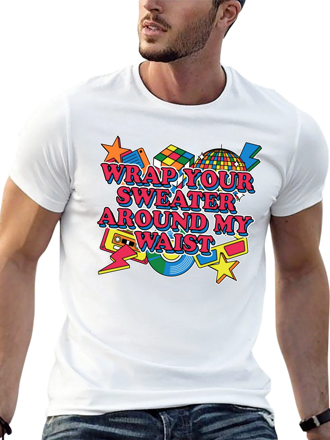 Black Wrap Your Sweater Around My Waist T-Shirt - 80s Retro Style view 13