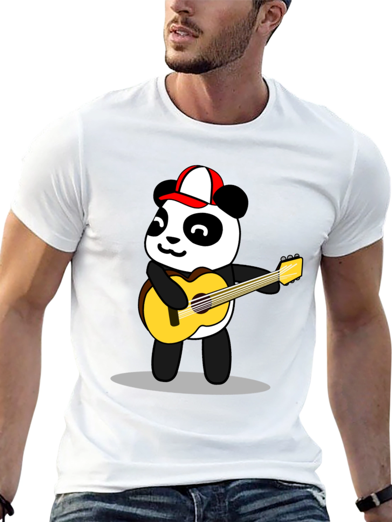 Black Cool Panda Guitarist Graphic Tee - Black Cotton T-Shirt view 13