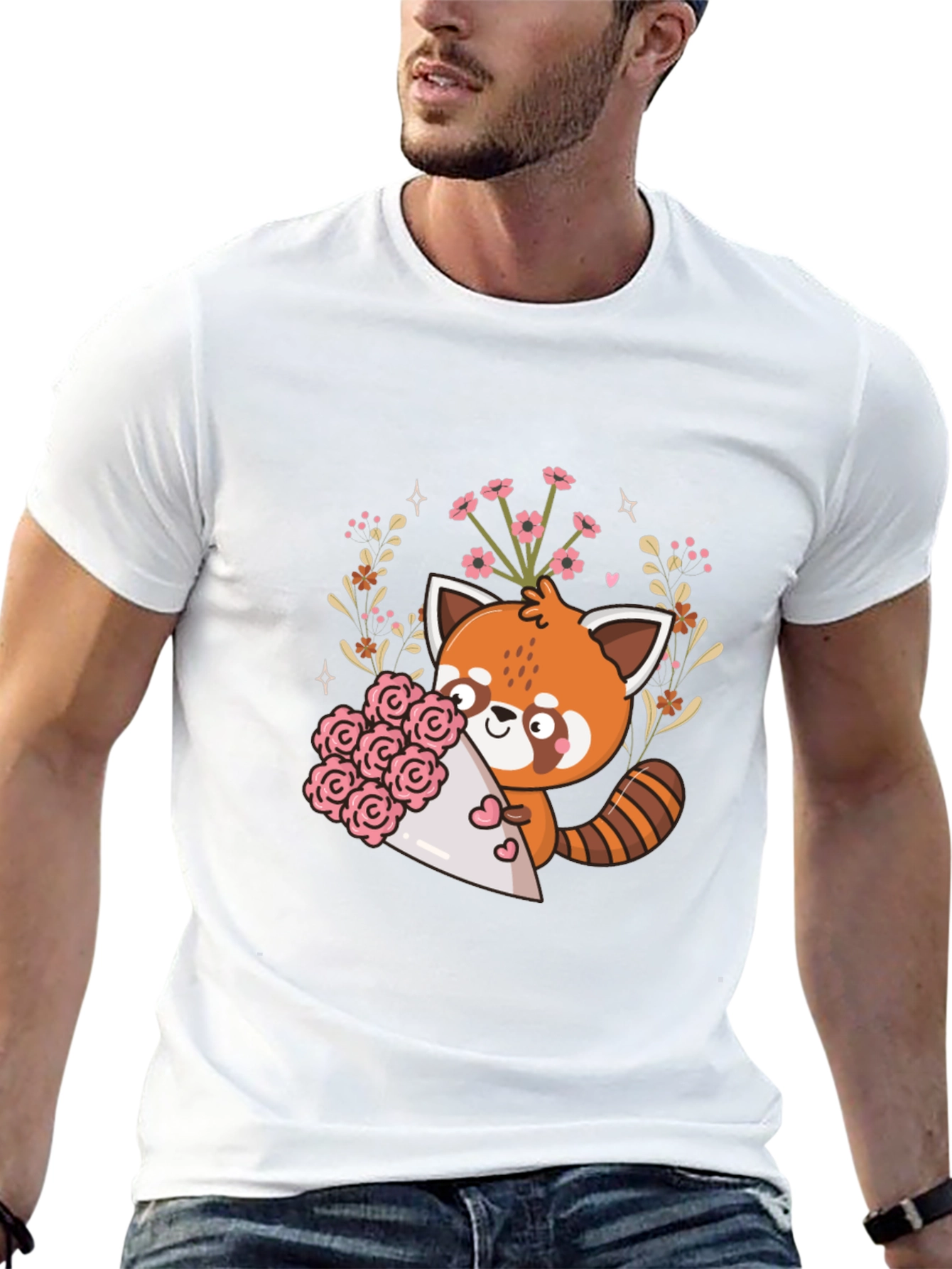 Black Cute Red Panda Floral Bouquet Graphic Tee view 13