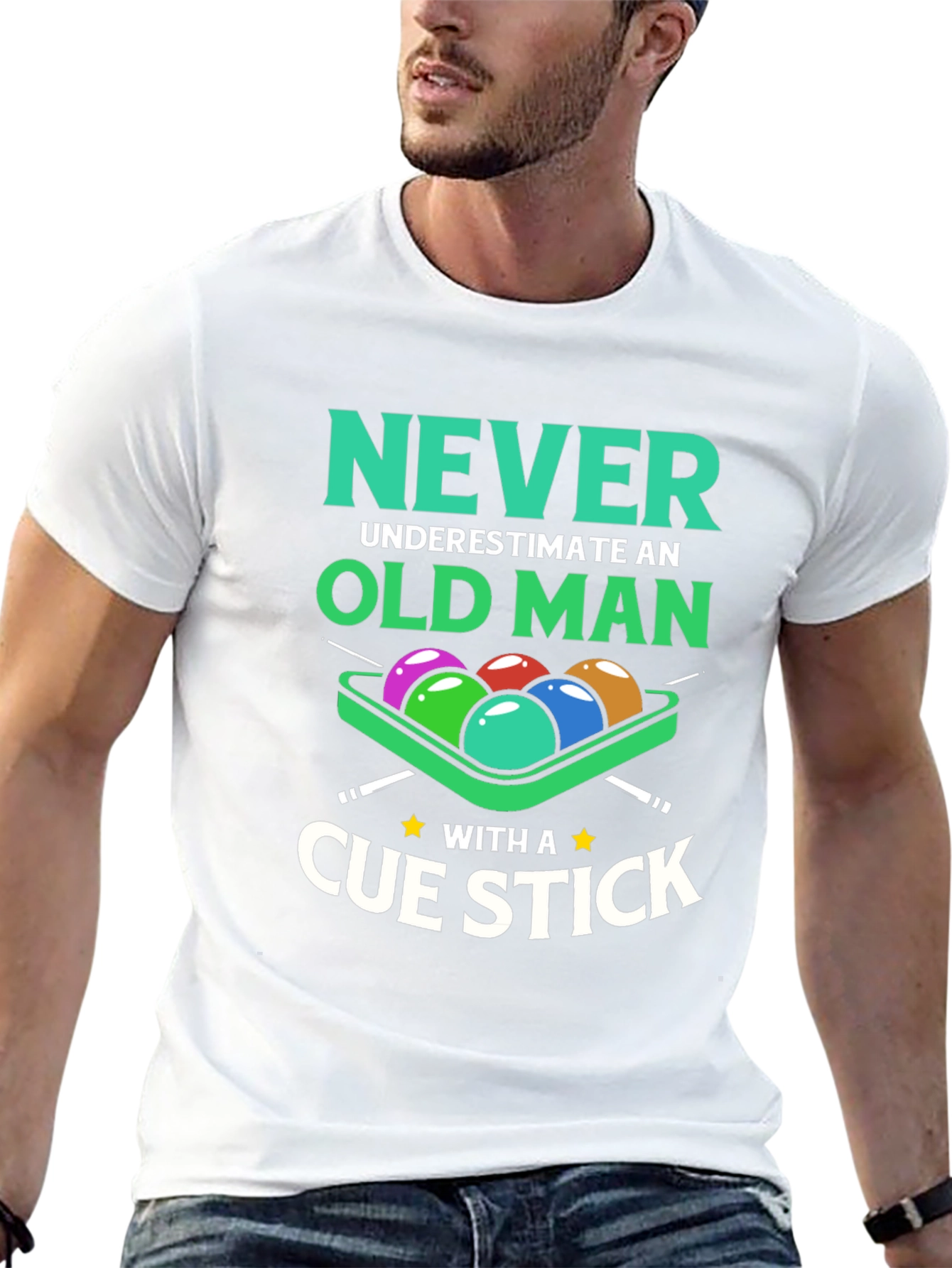Black Never Underestimate Old Man Cue Stick Graphic Tee view 13