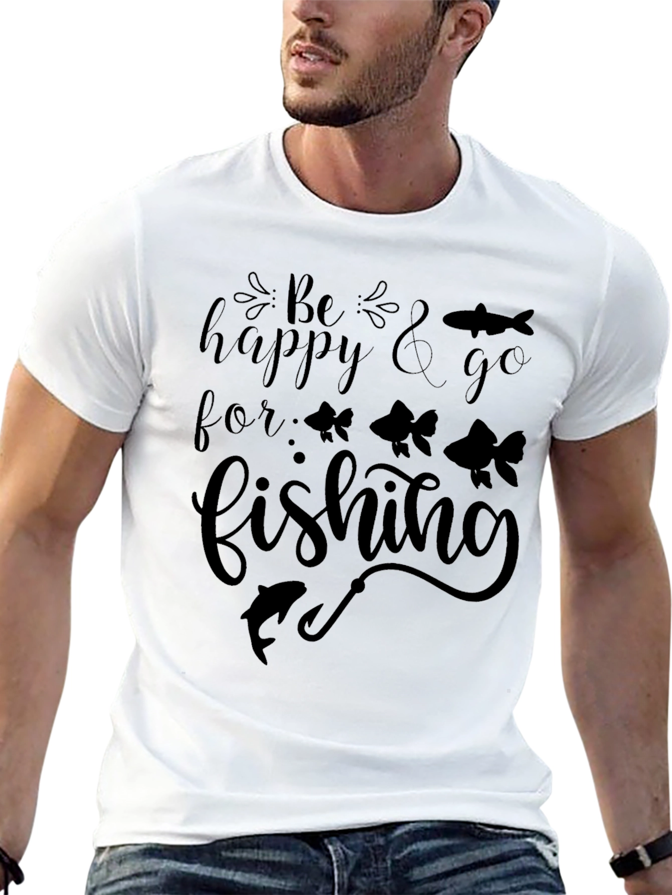 Be Happy & Go Fishing Graphic Tee - Men's Black Cotton T-Shirt - 13