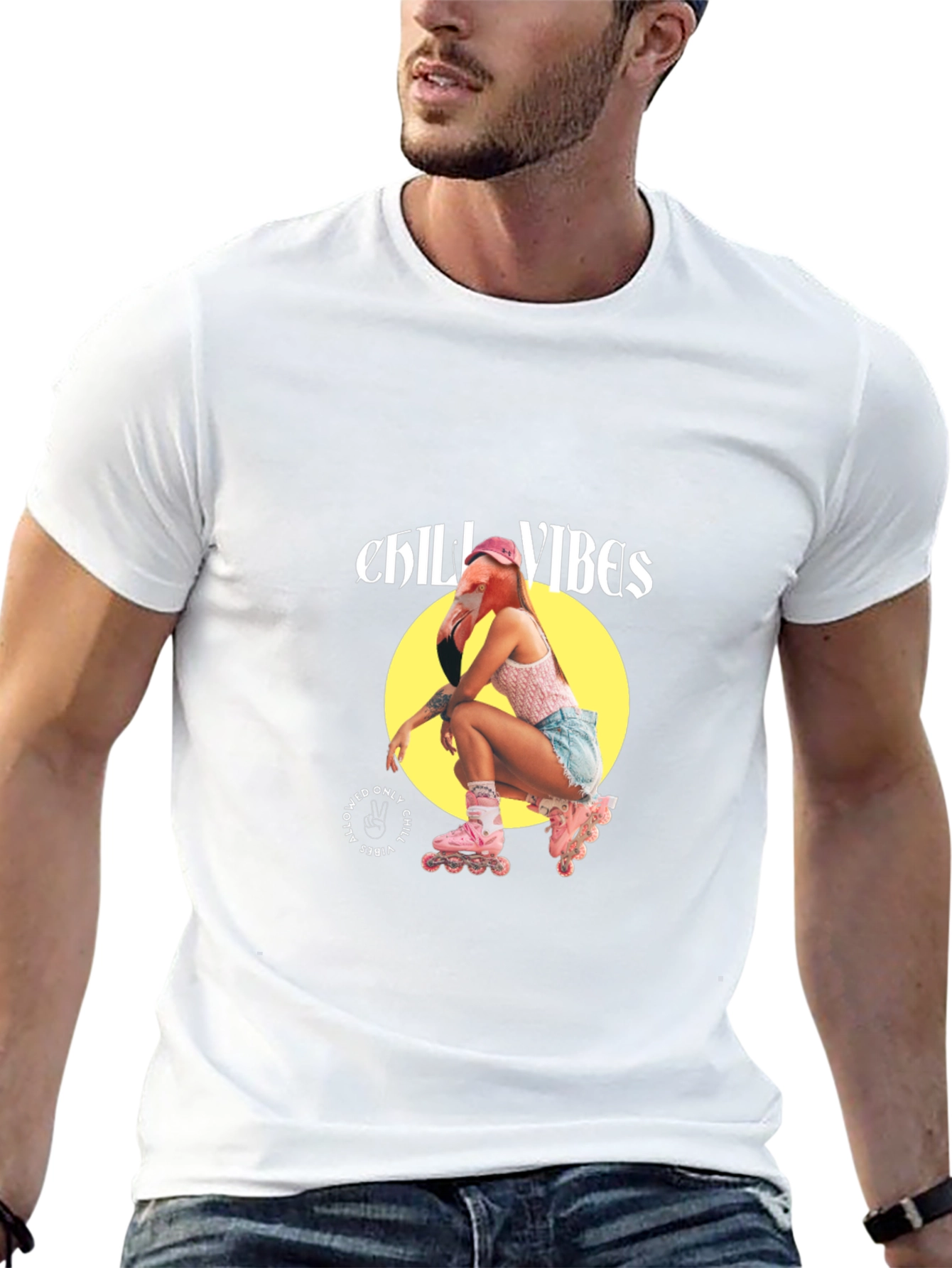 Chill Vibes Flamingo Roller Skate Graphic T-Shirt - 13