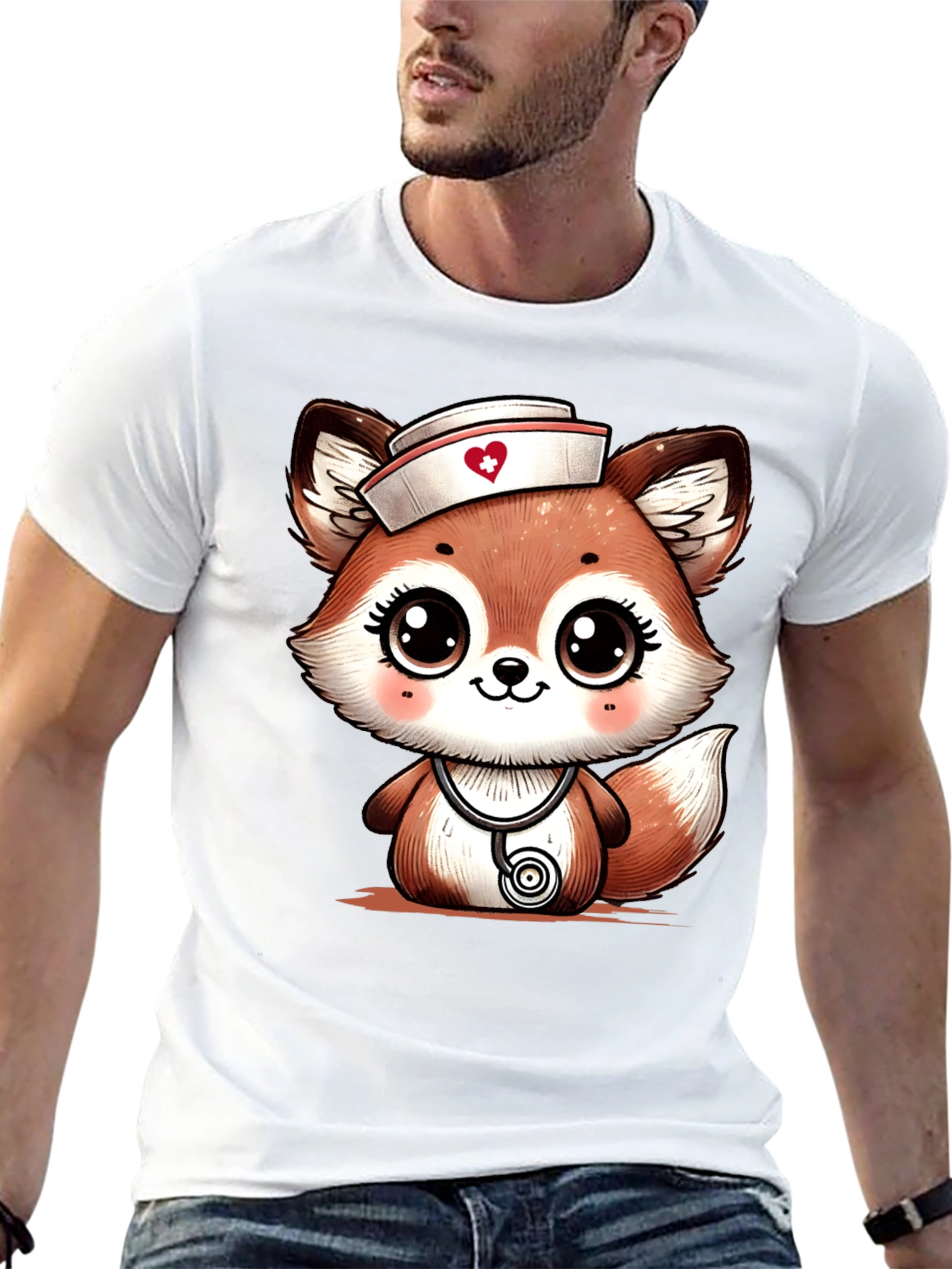 Black Cute Fox Nurse T-Shirt - Cartoon Animal Tee view 13