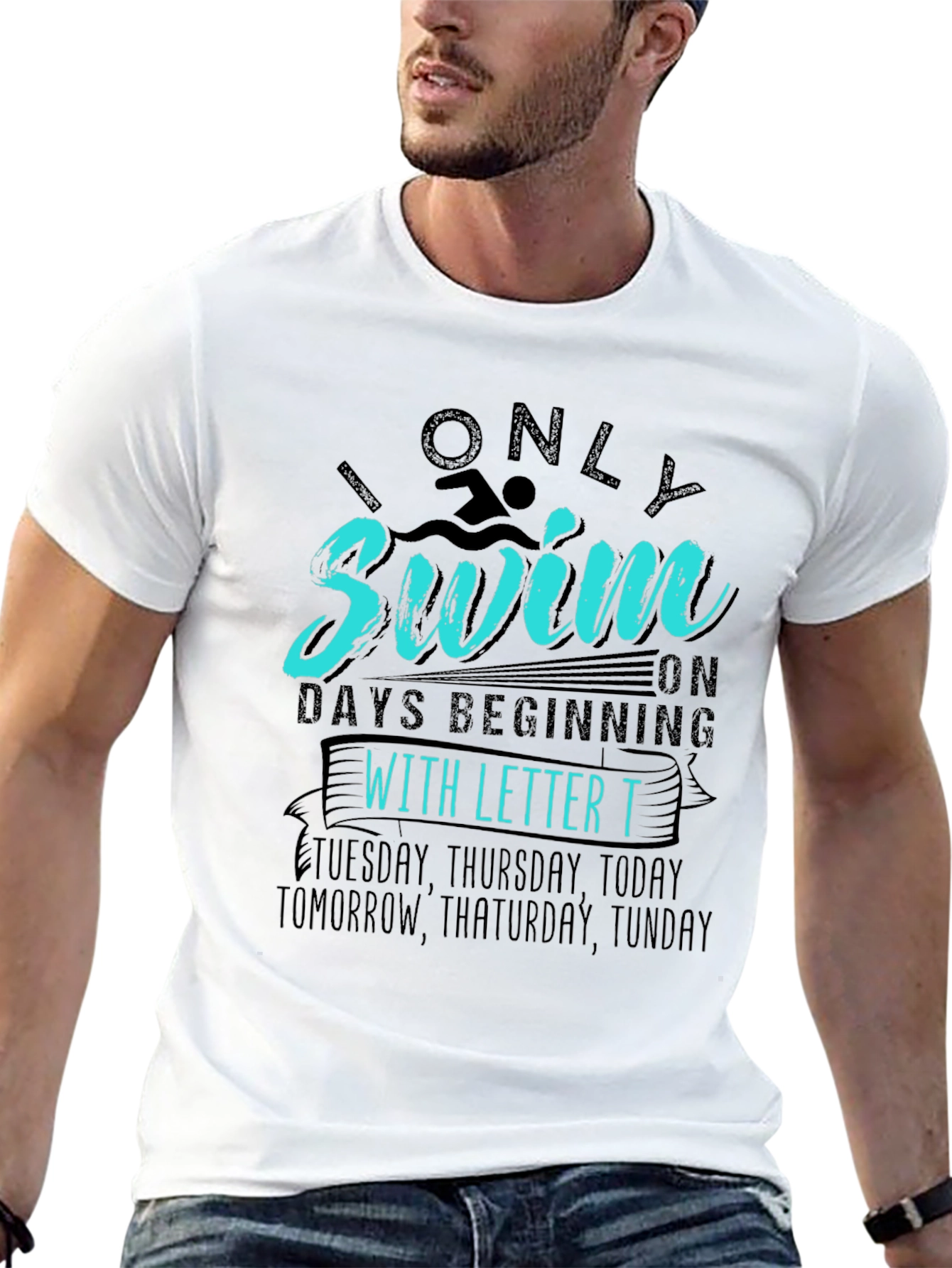 Black Funny Swimming T-Shirt - "Only Swim on Days Beginning With T" view 13