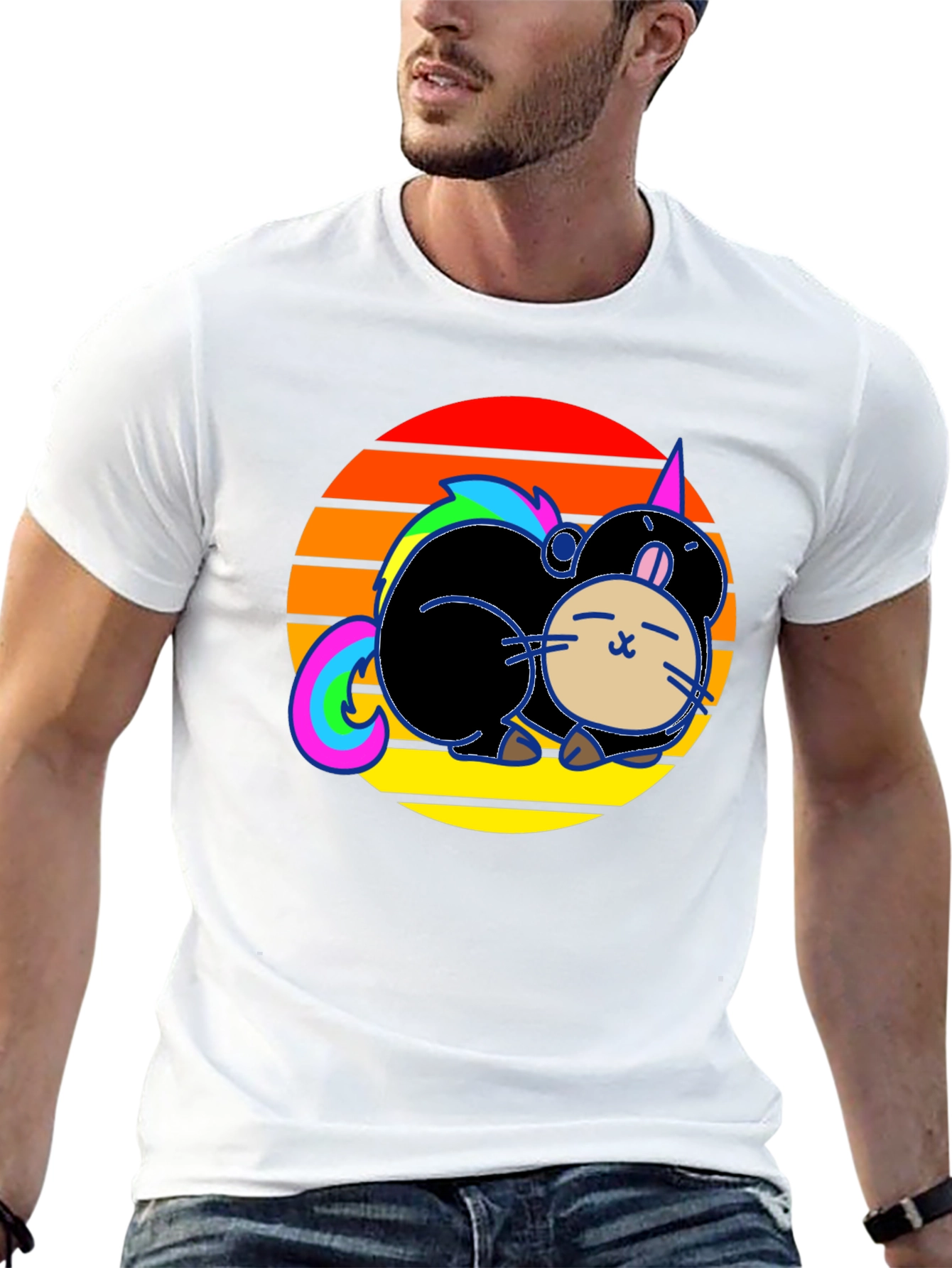 Black Cute Cartoon Unicorn Cat Sunset Graphic T-Shirt view 13