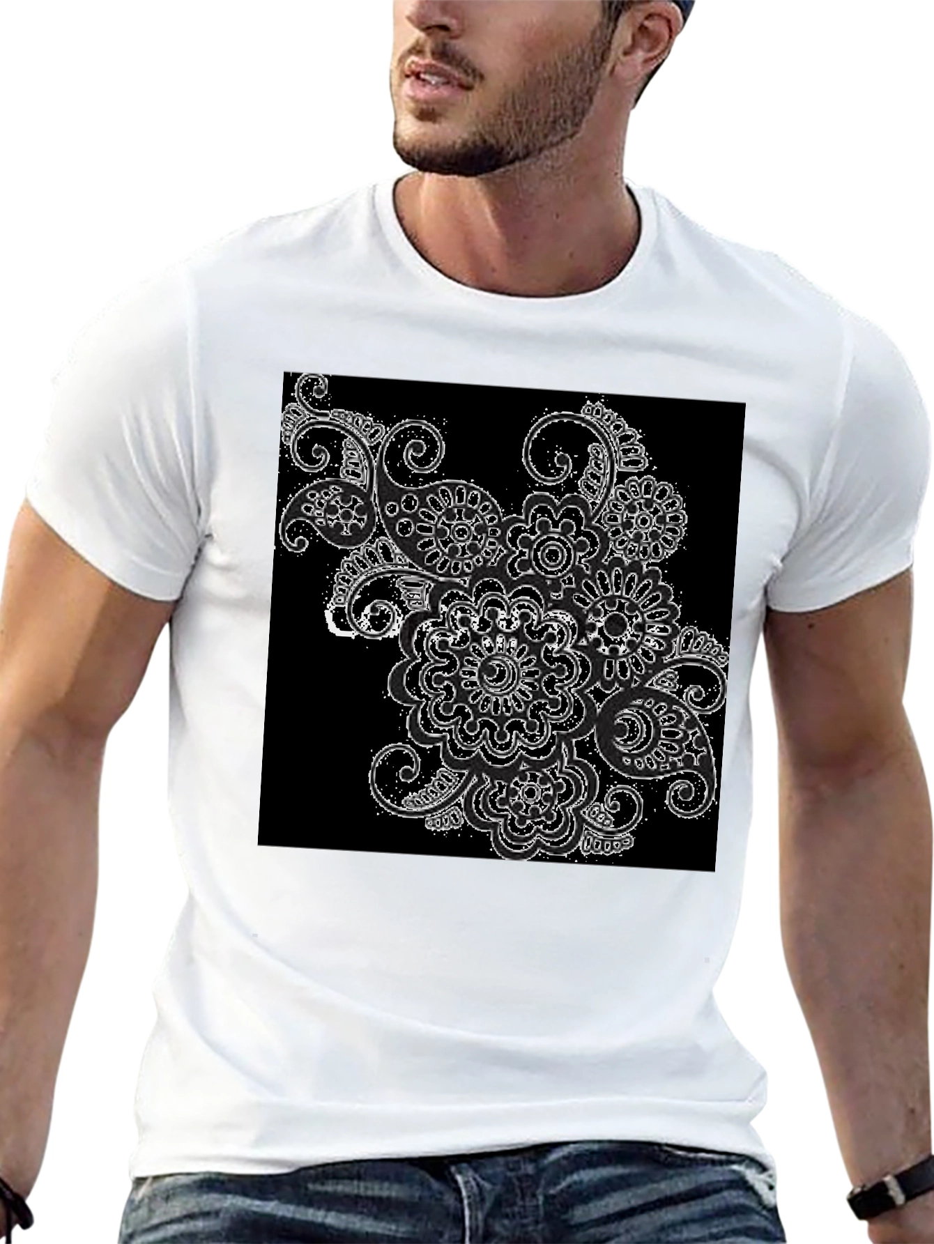 Black Black T-Shirt with Floral Paisley Design view 13
