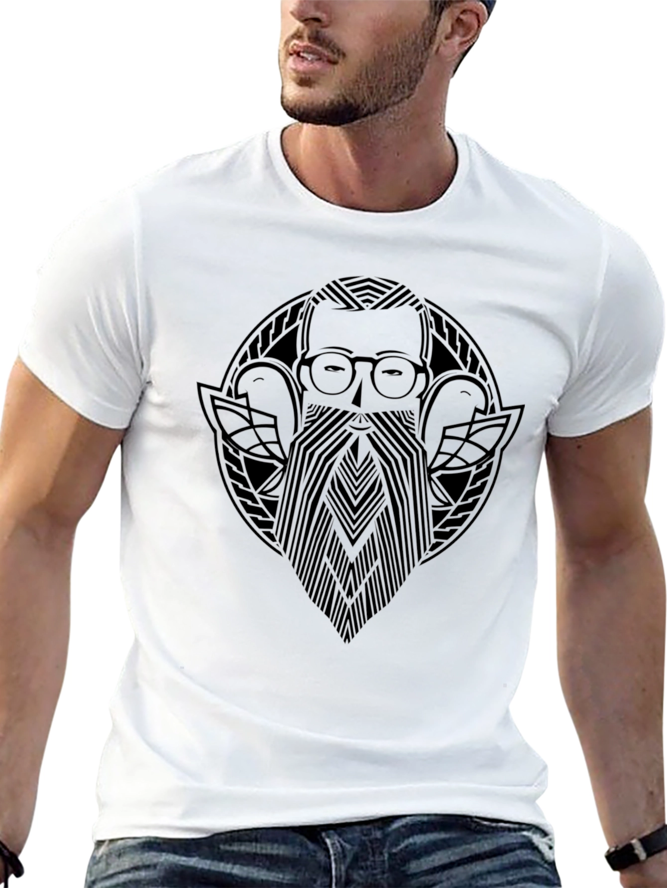 Black Men's Black Graphic T-Shirt - Bearded Man Design view 13