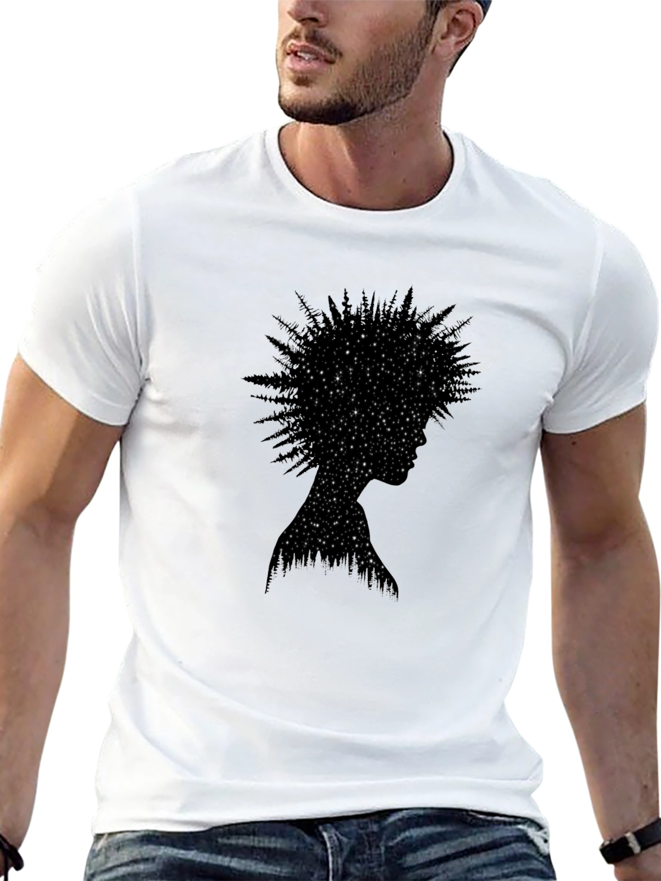 Black Starry Night Forest Silhouette Tee view 13