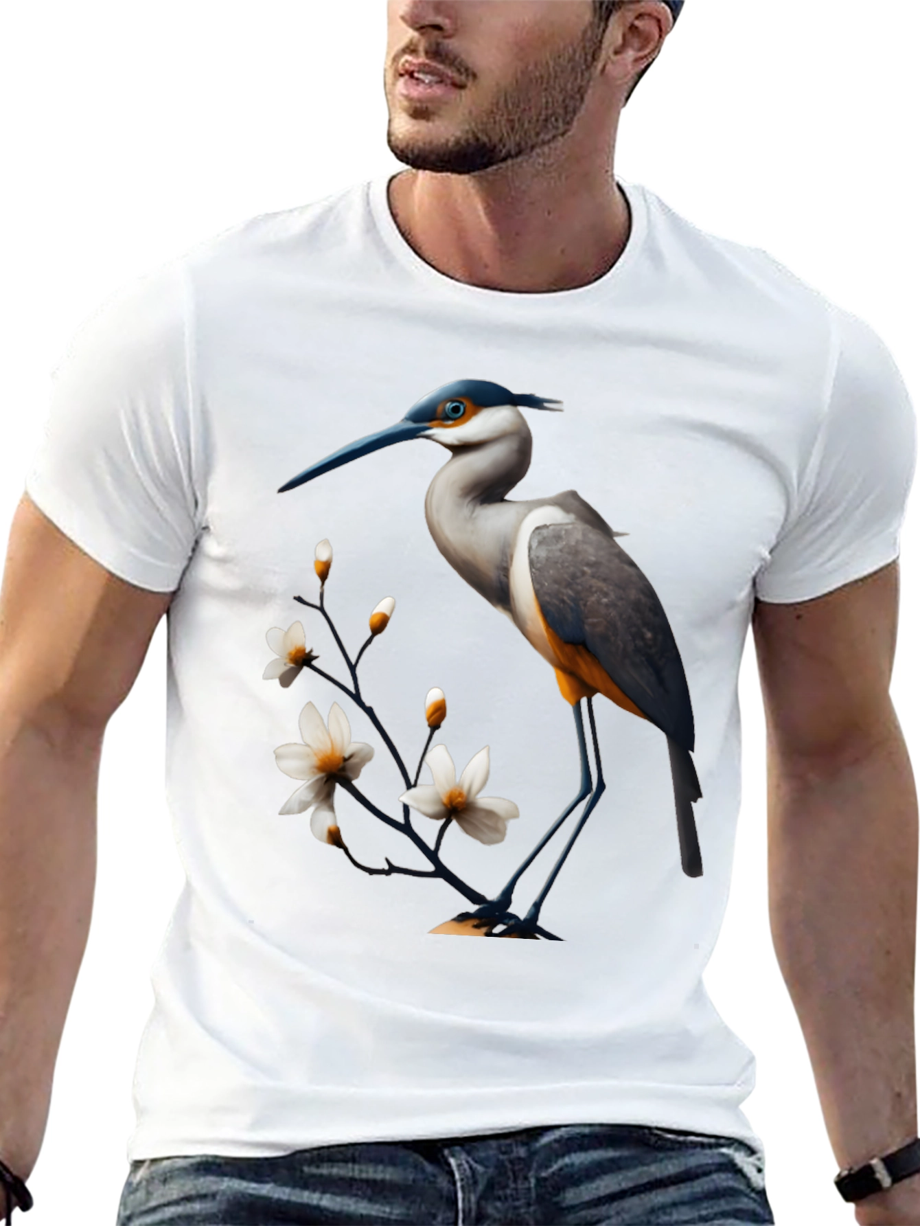 Black Heron & Blossom Graphic Tee - Stylish Bird Design view 13