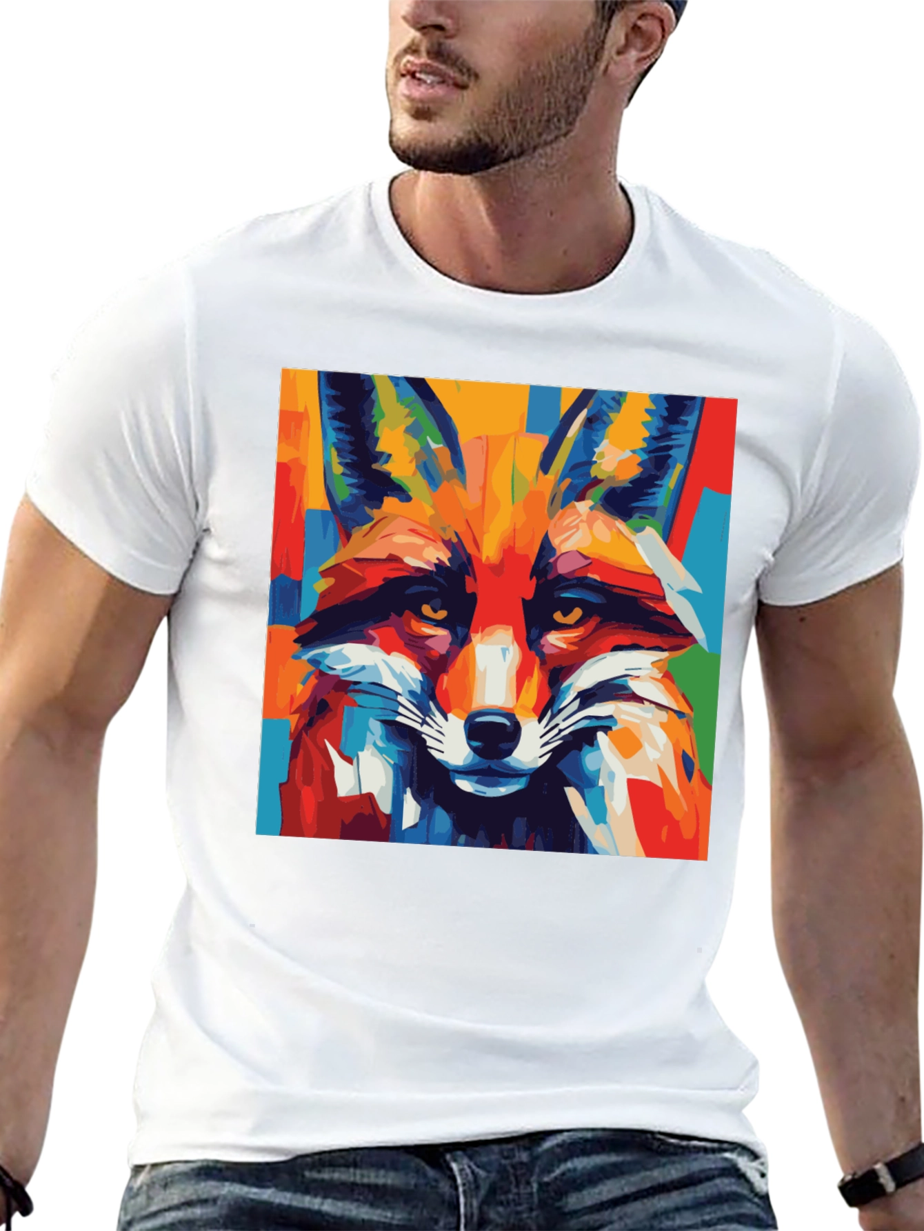 Black Abstract Fox Graphic Tee - Bold Animal Print Shirt view 13