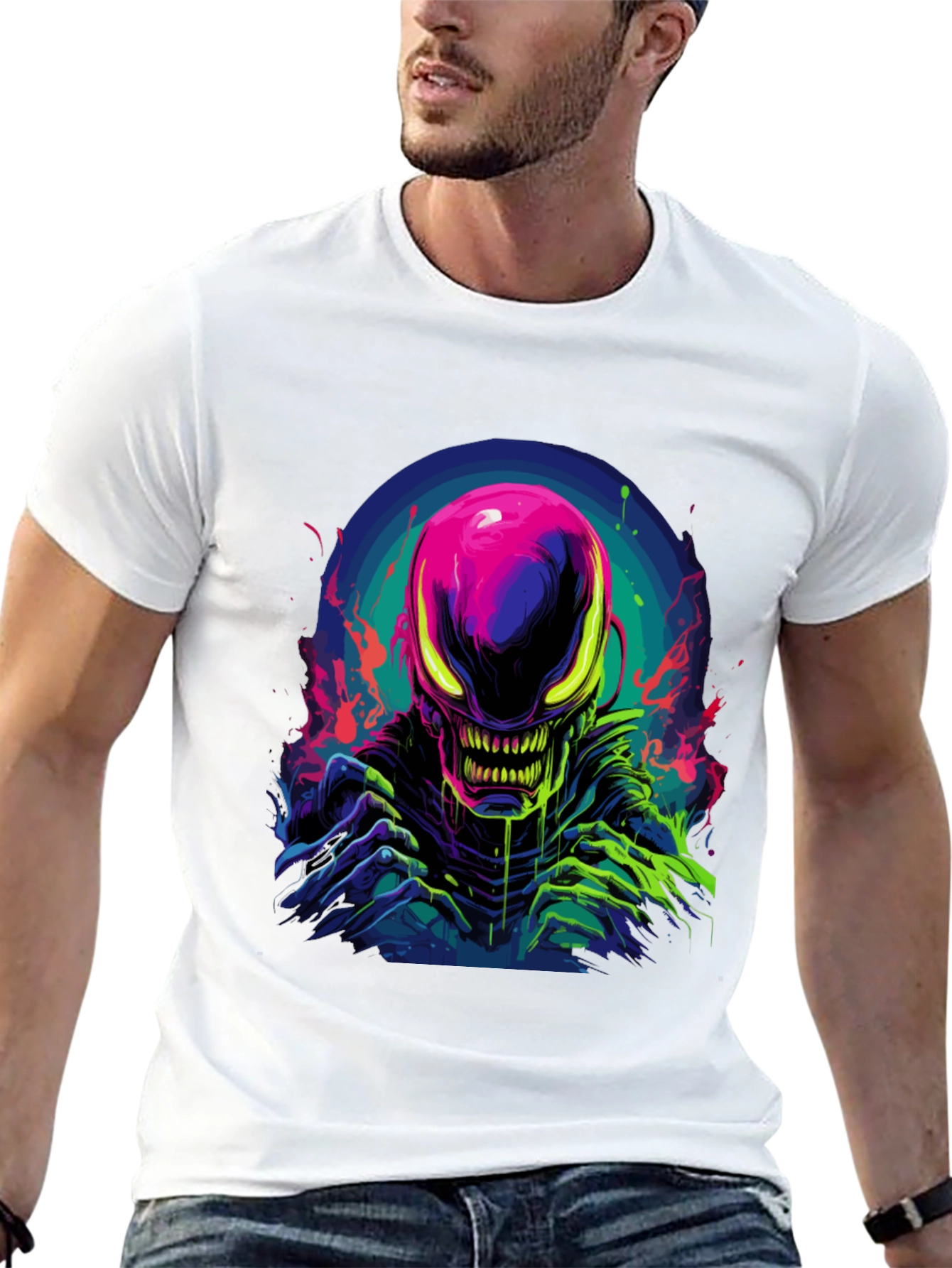 Black Neon Alien Graphic Black T-Shirt view 13