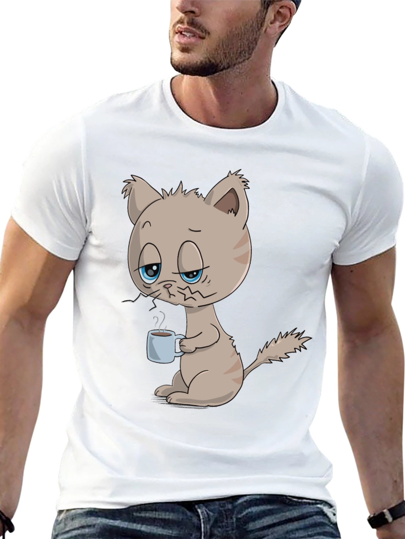 Black Funny Cat with Coffee Graphic T-Shirt - Unisex view 13