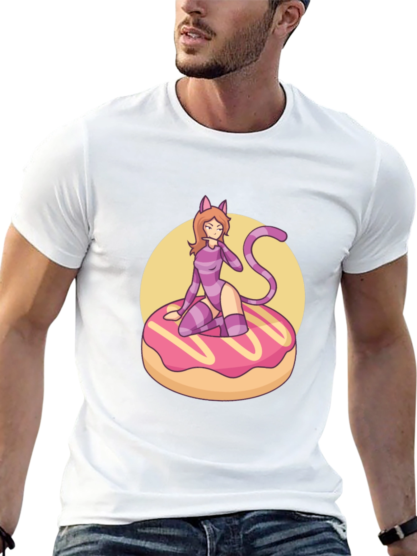 Black Black T-Shirt with Cat Girl on Donut Design view 13