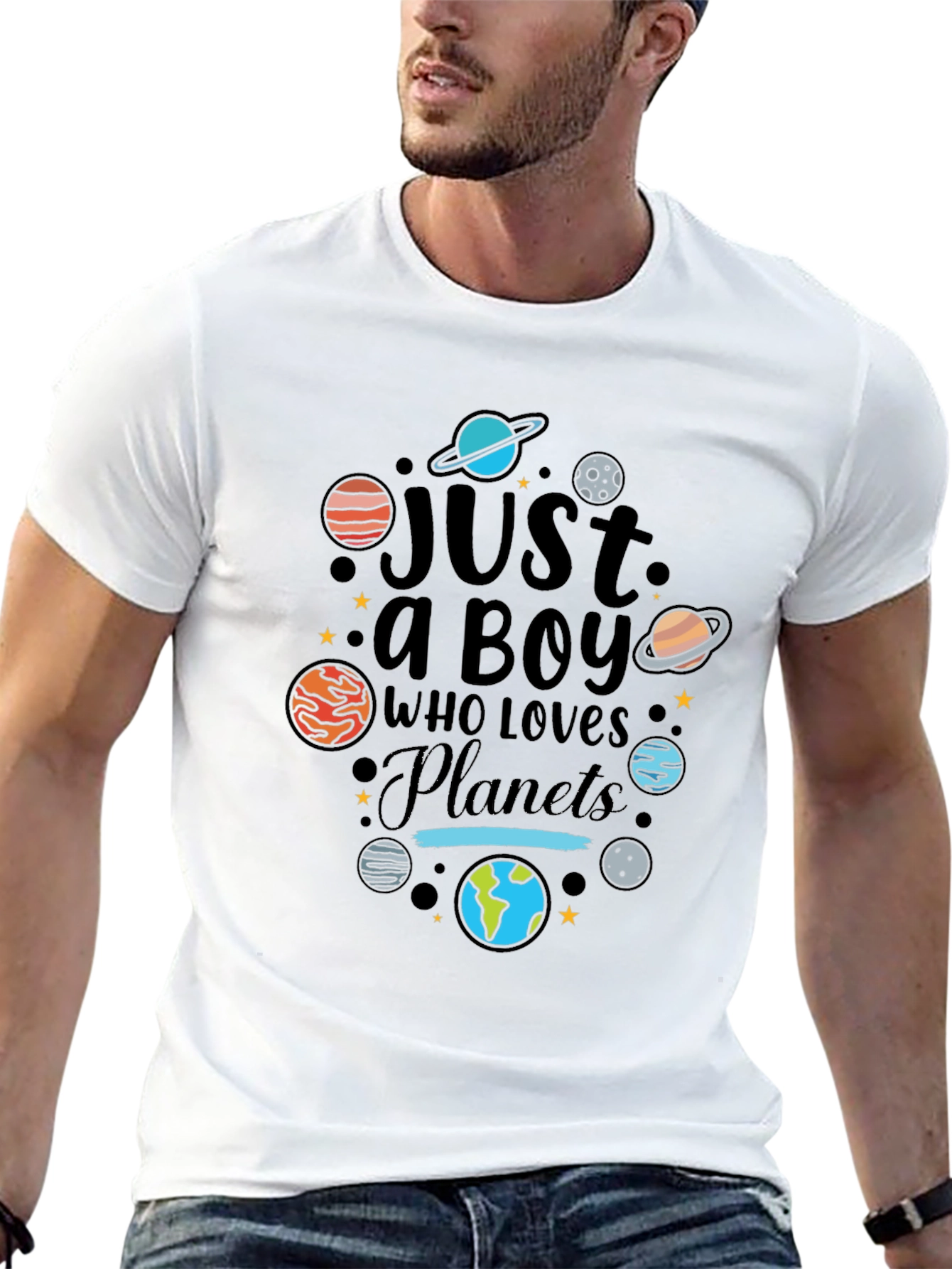 Black Just a Boy Who Loves Planets Graphic T-Shirt view 13