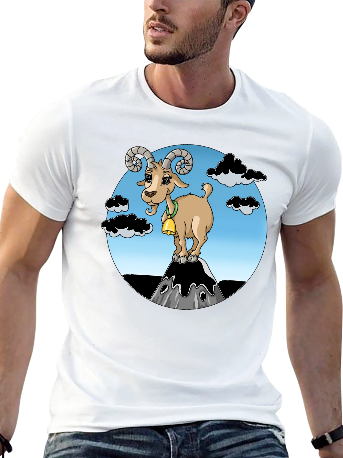 Black Cartoon Goat on Mountain Graphic T-Shirt view 13