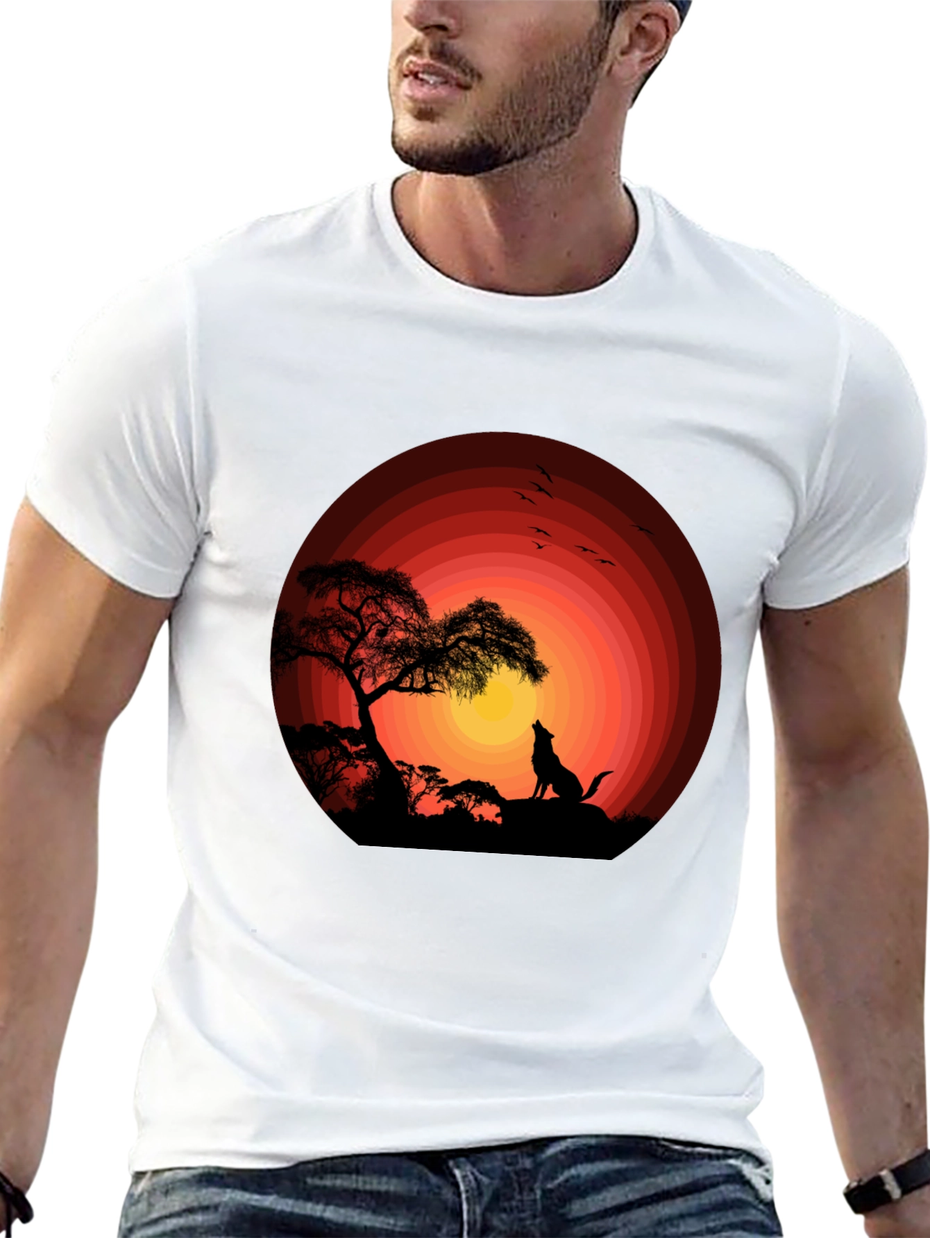 Black Wolf Sunset Graphic Tee - Black Cotton T-Shirt view 13