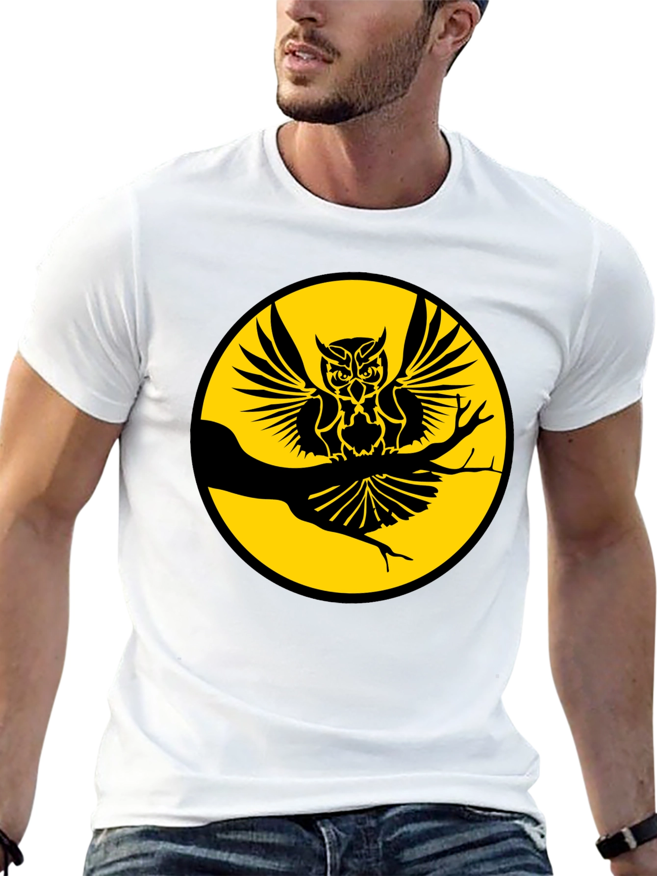 Black Owl on Branch Graphic Tee - Men's Black T-Shirt view 13