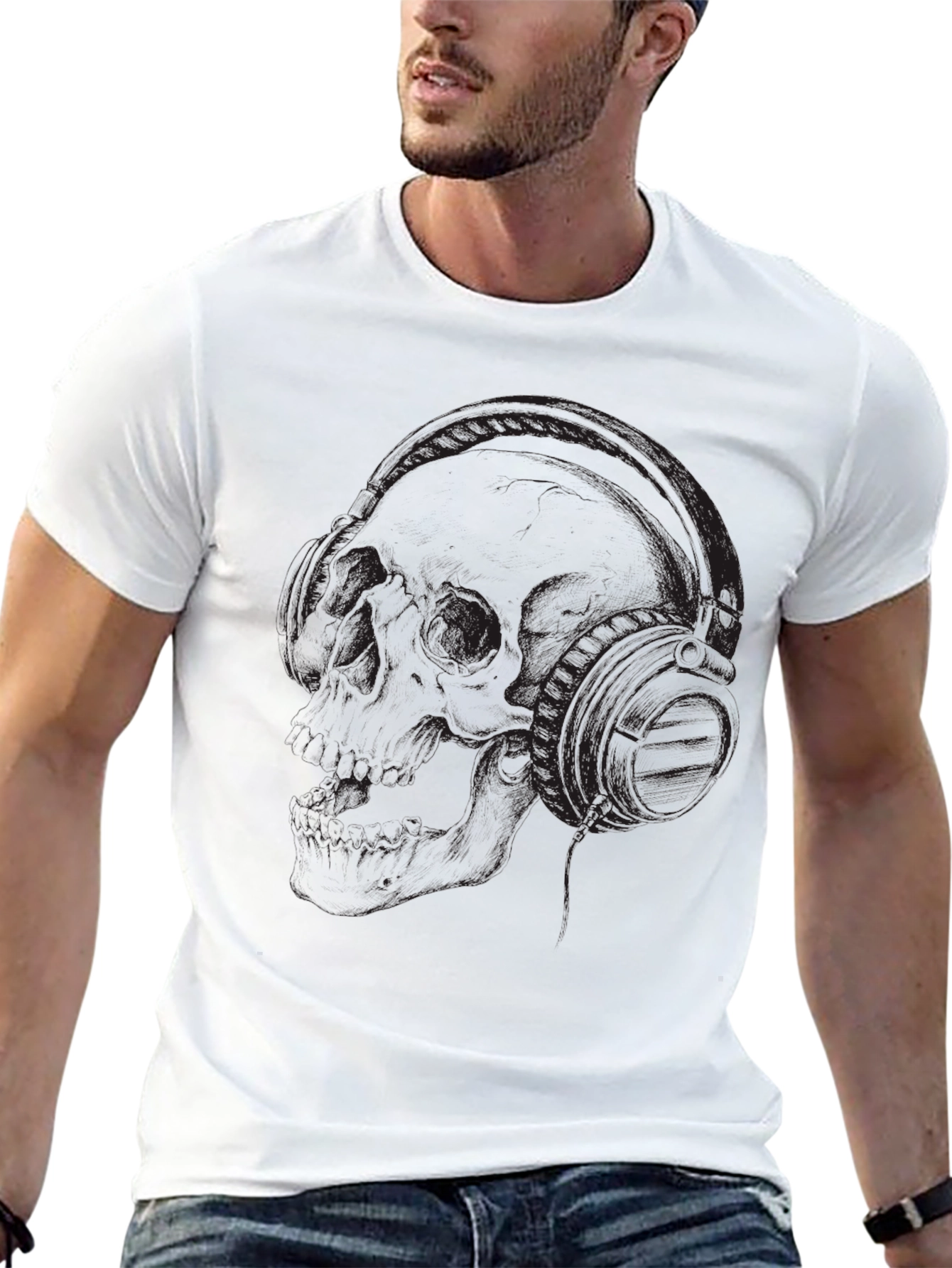 Black Skull and Headphones Graphic T-Shirt - Dark Style view 13