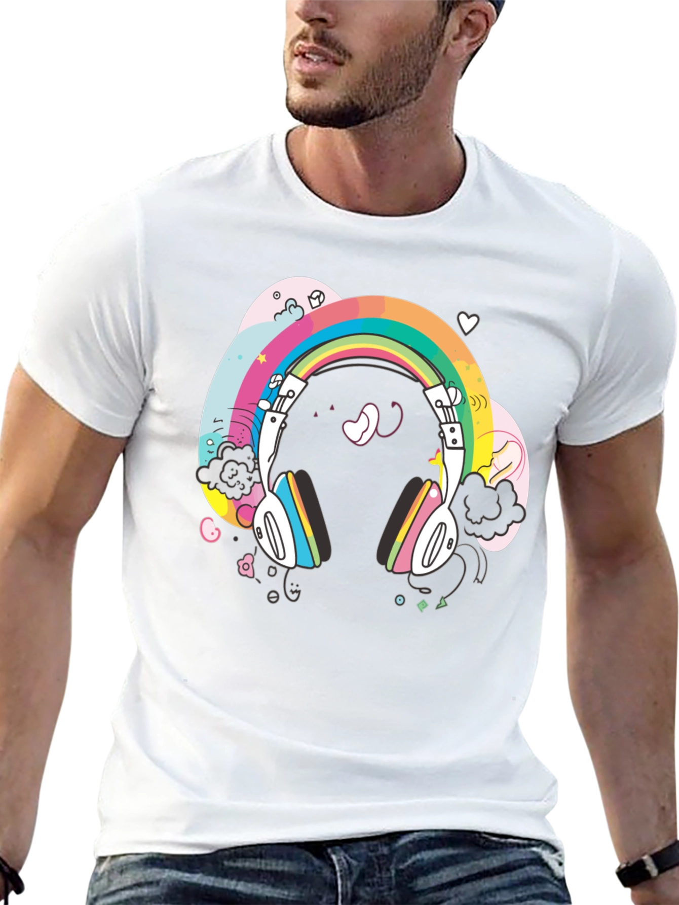 Black Rainbow Headphones Graphic Tee - Black Cotton T-Shirt view 13
