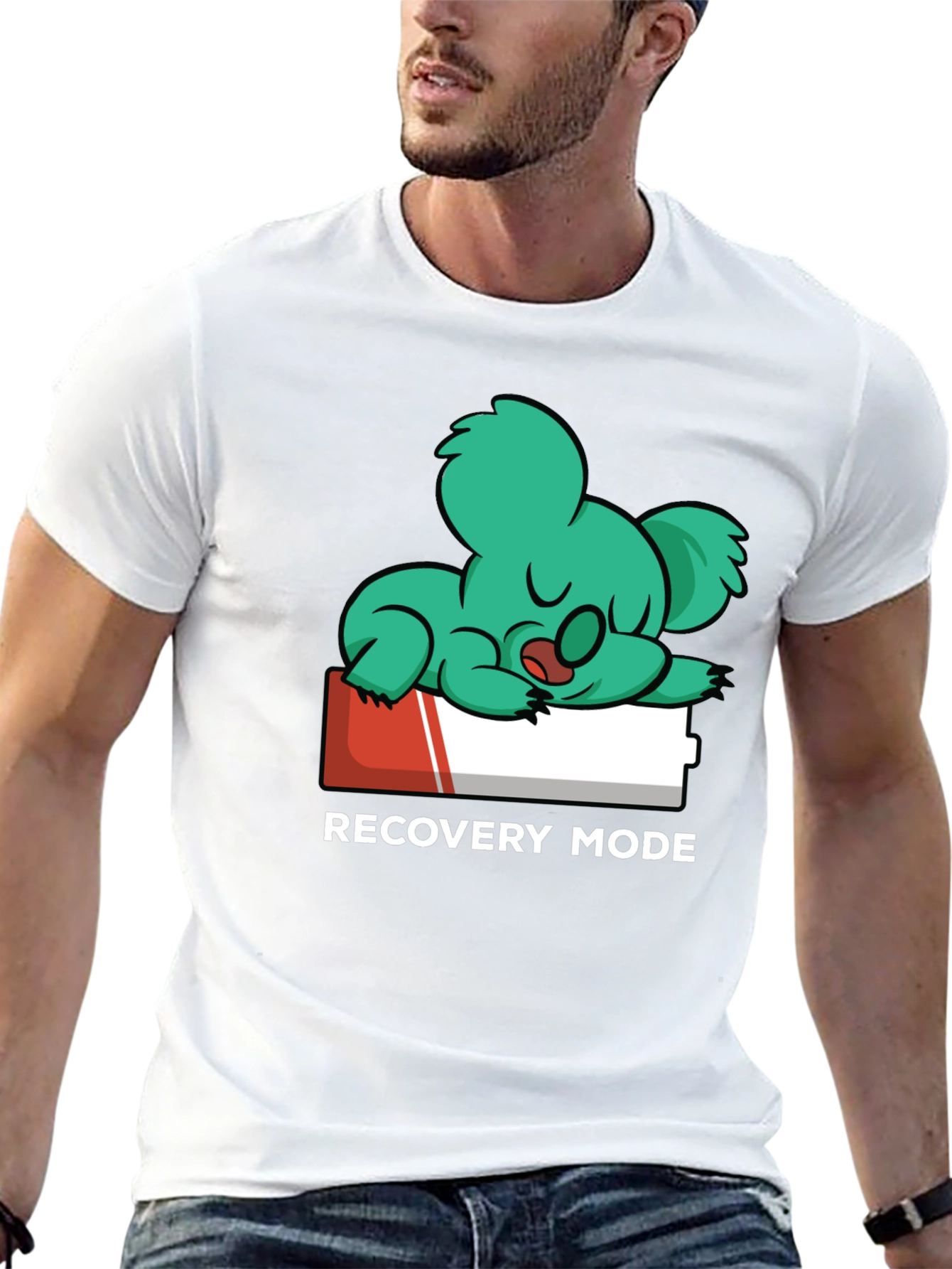 Black Recovery Mode T-Shirt: Sleepy Koala on Low Battery view 13