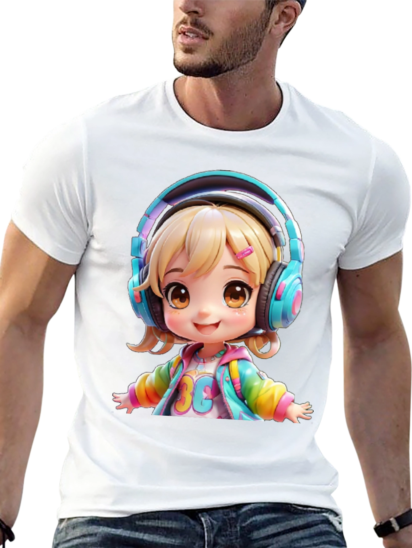 Black Anime Girl with Headphones Graphic T-Shirt view 13