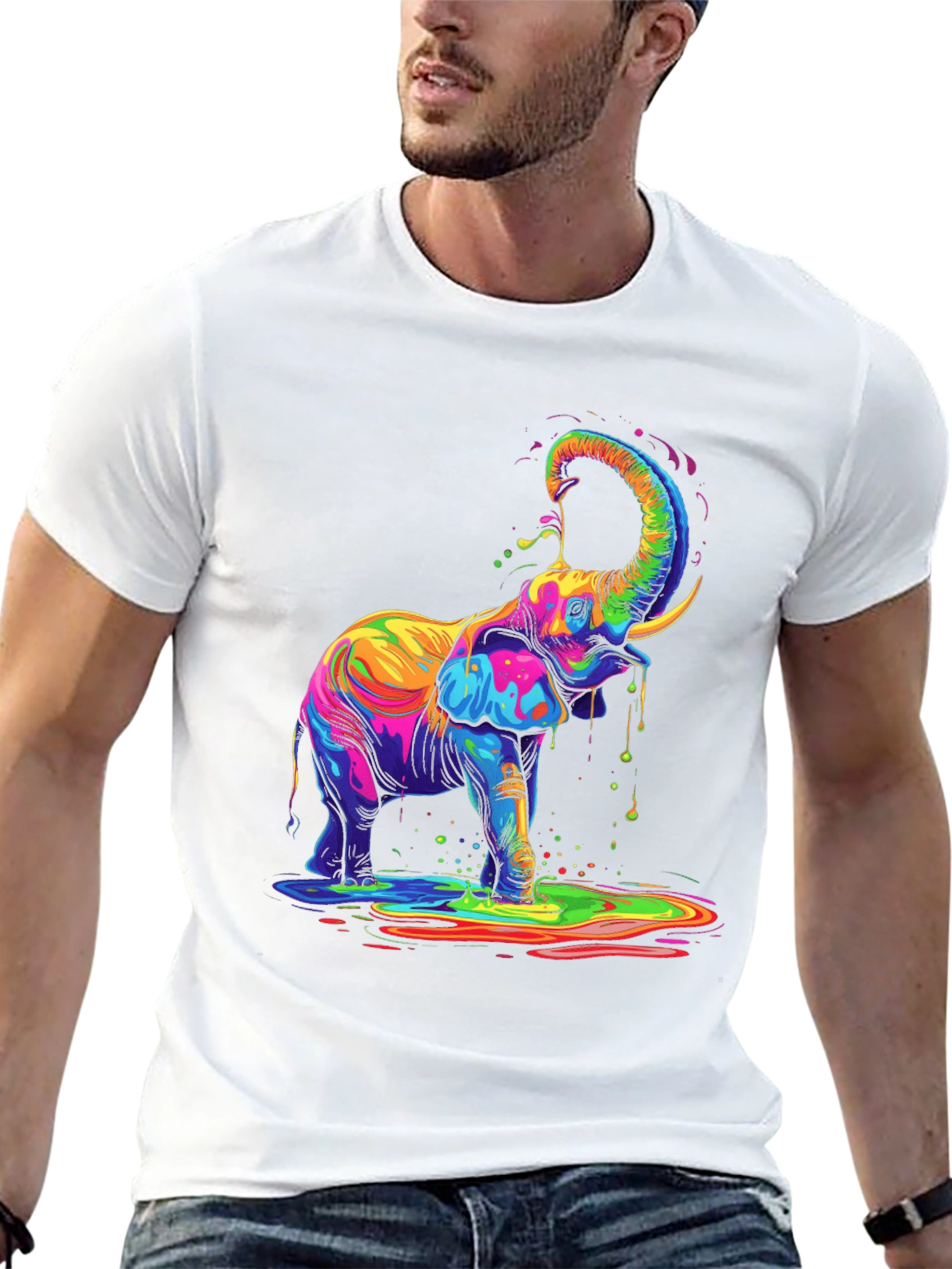 Black Colorful Elephant Graphic Tee - Black Cotton T-Shirt view 13