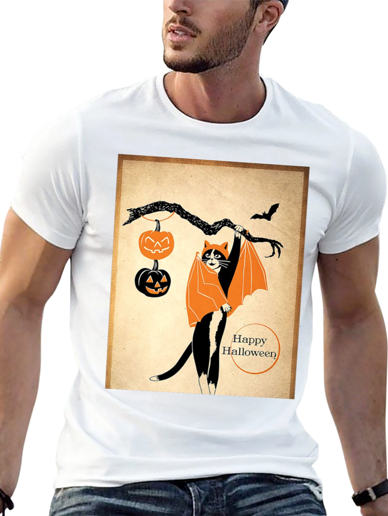 Black Halloween Cat T-Shirt Bat Costume Pumpkins view 13