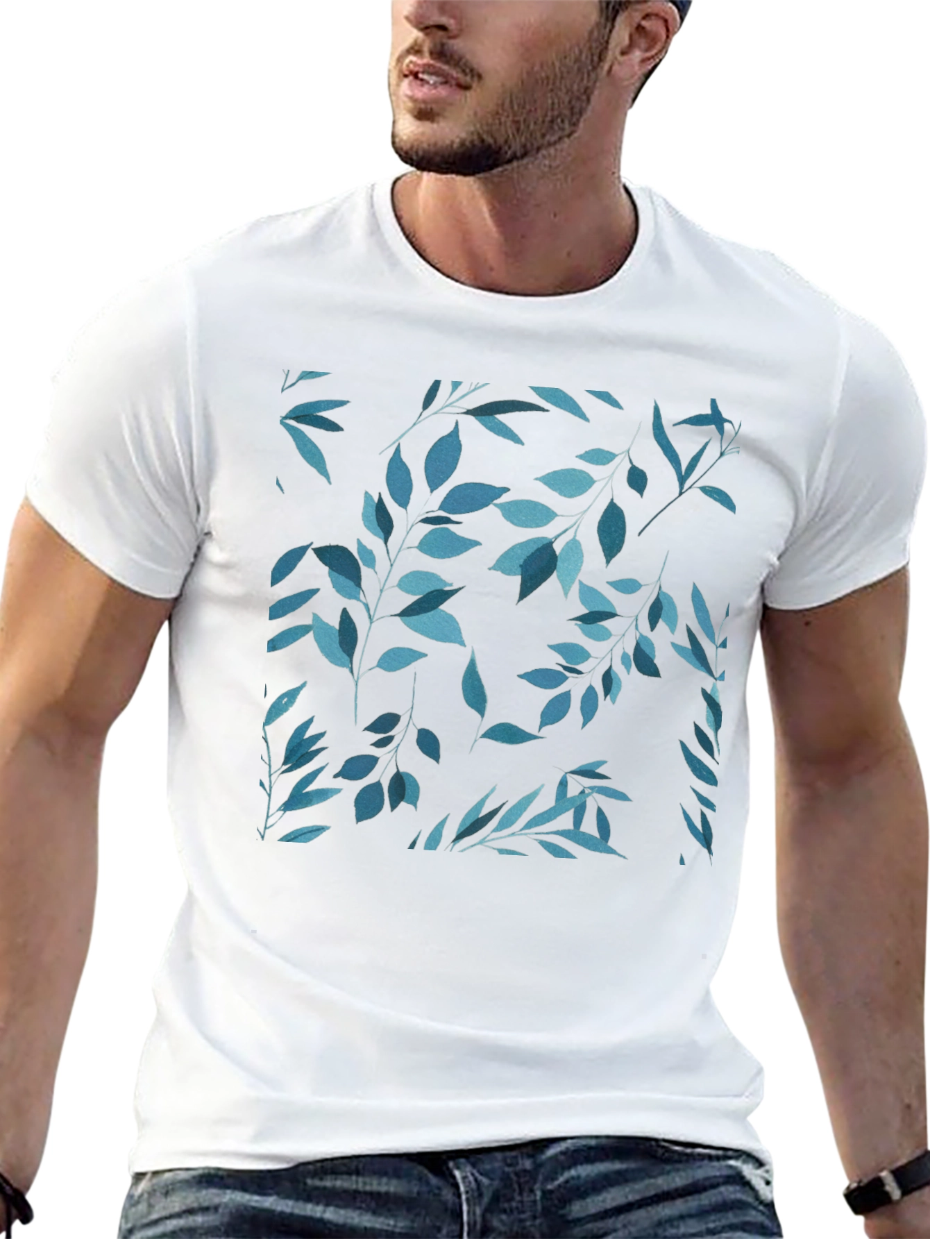 Black Blue Leaf Print Black T-Shirt view 13