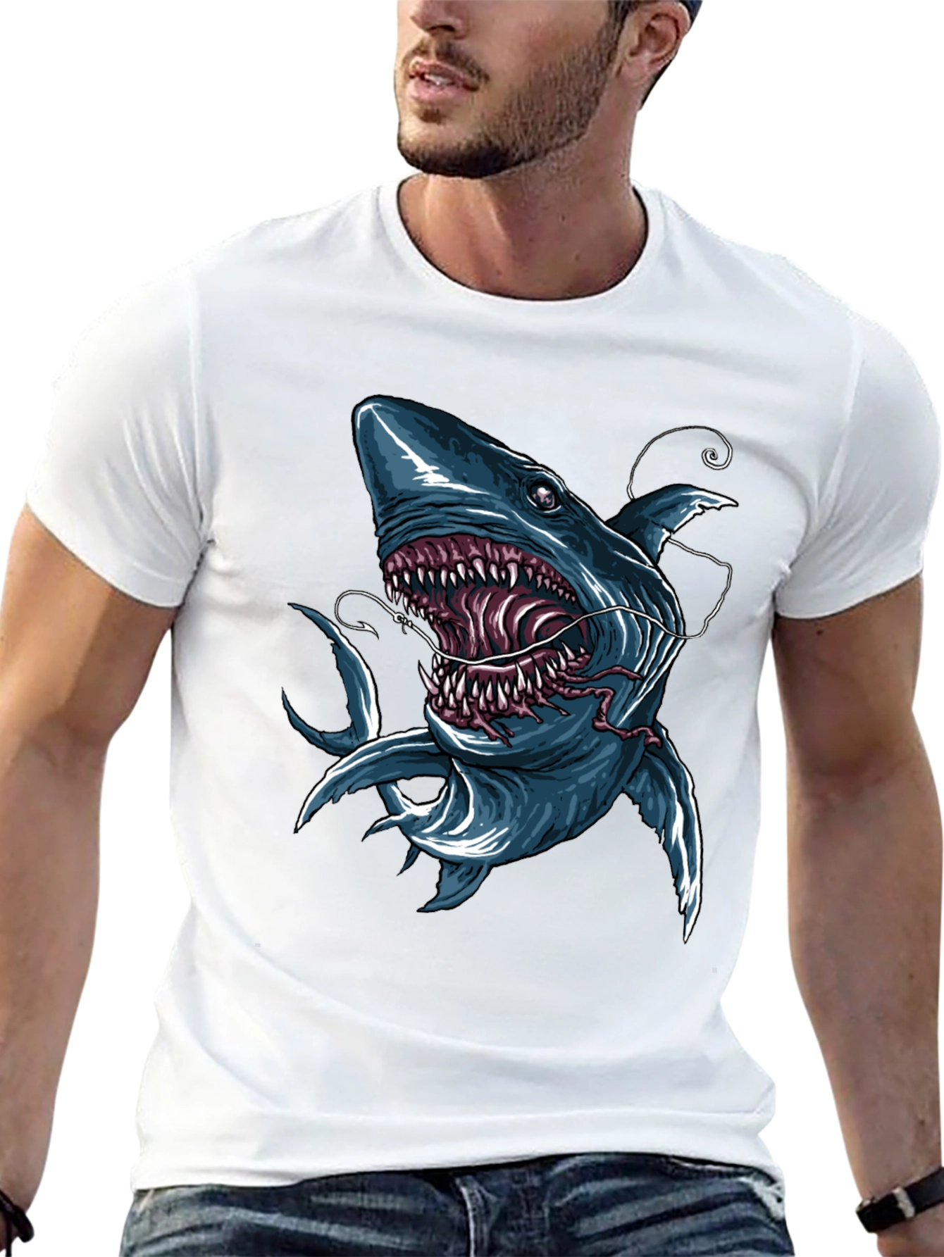 Black Men's Shark Graphic Print Black T-Shirt view 13