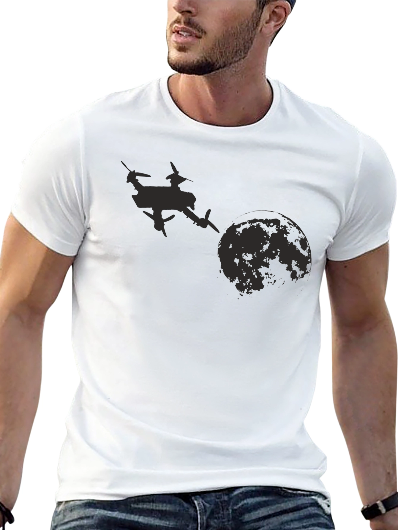 Black Drone Moon Graphic Tee - Black Cotton T-Shirt view 13