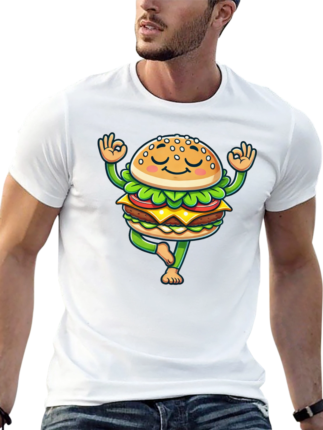 Black Yoga Burger T-Shirt - Meditating Fast Food Tee view 13