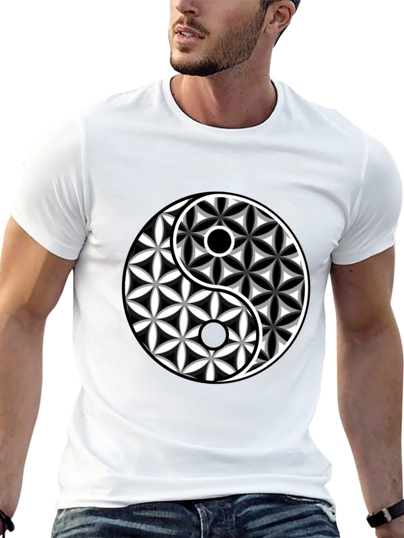 Black Yin Yang Flower of Life Graphic Tee - Black Cotton Blend view 13
