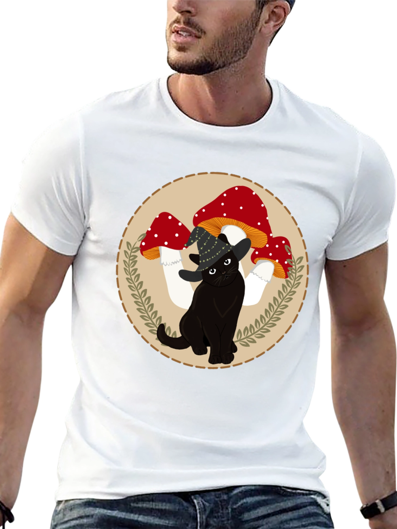 Black Black Cat & Mushroom T-Shirt - Whimsical Graphic Tee view 13