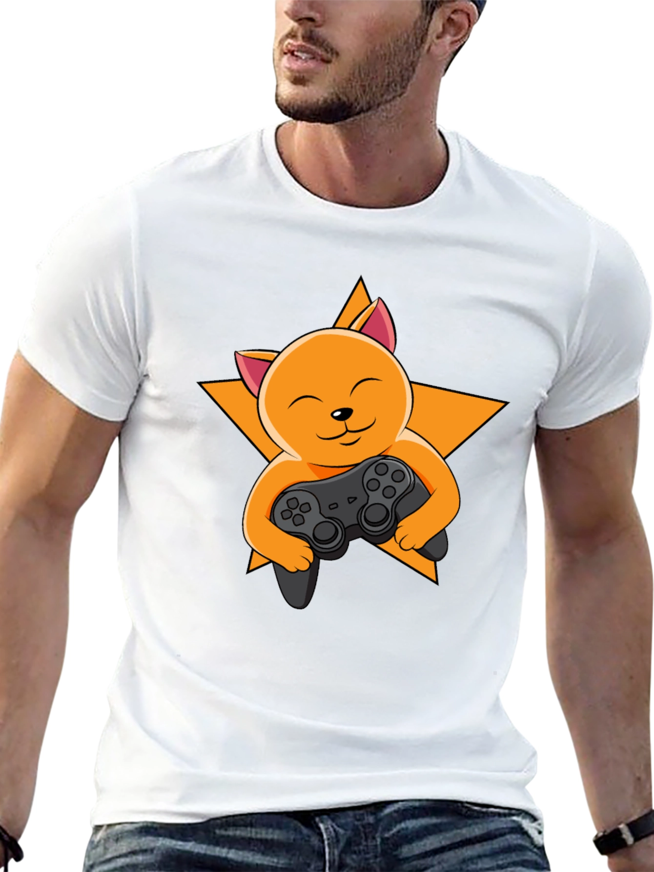 Black Gamer Cat T-Shirt - Black Cotton Tee view 13