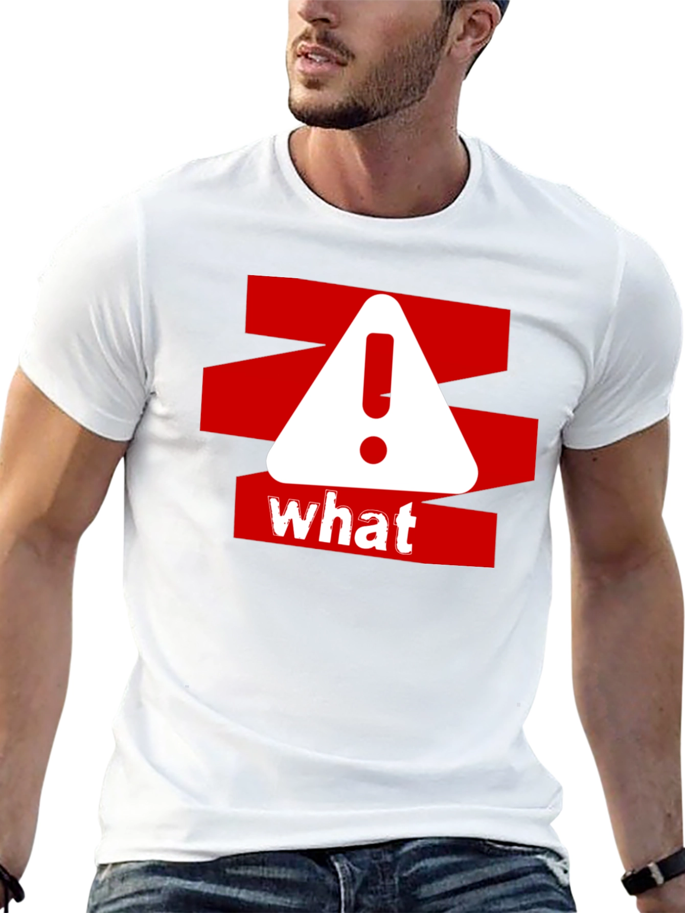 Black What? Graphic Tee - Red and White Warning Design on Black Cotton Shirt view 13