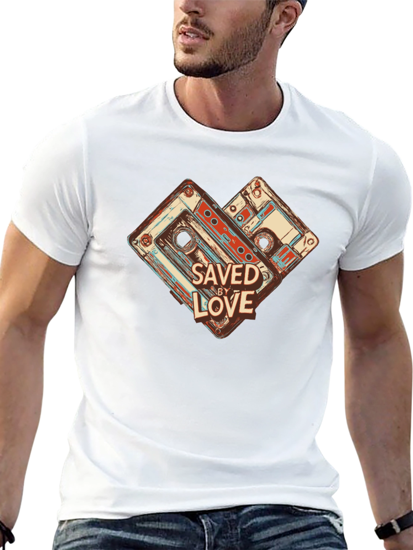 Black Retro Cassette Tape Saved By Love Graphic Tee view 13