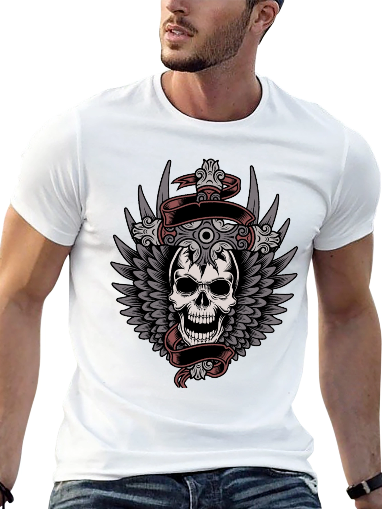 Black Skull & Wings Graphic Tee - Men's Black T-Shirt view 13