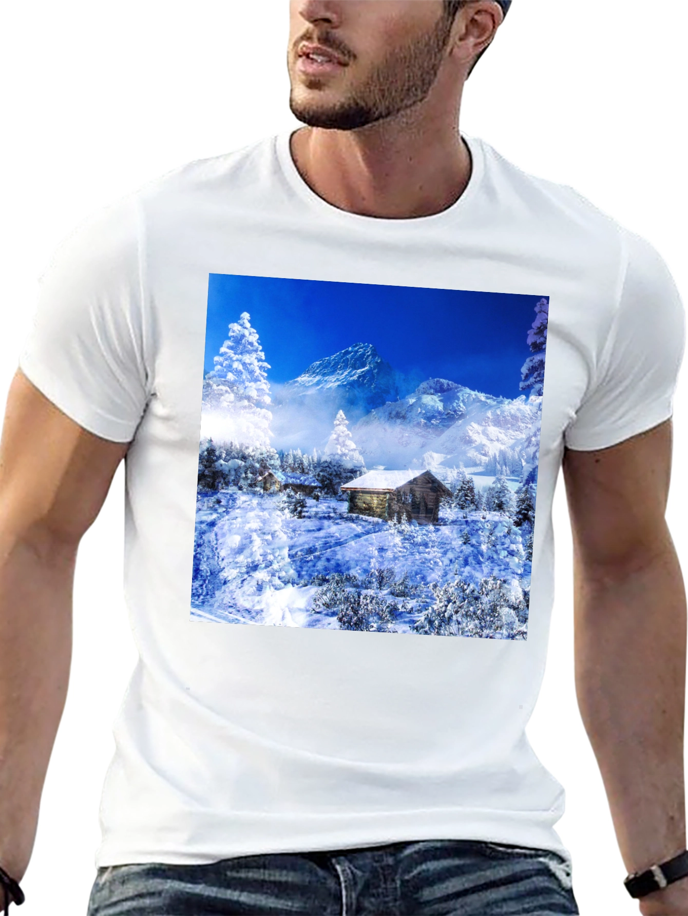 Black Winter Cabin T-Shirt: Mountain Scenery Tee view 13