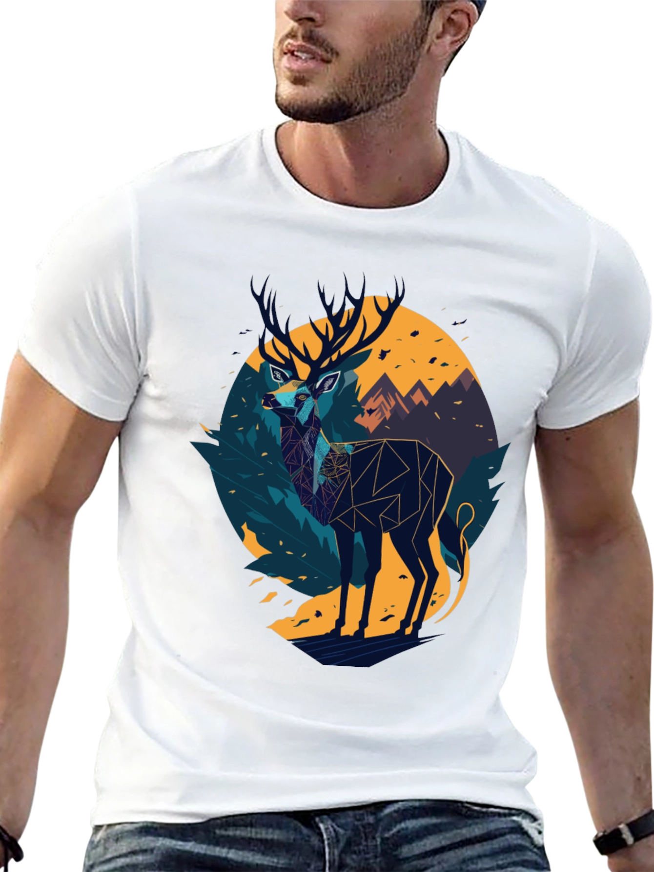 Black Geometric Deer Graphic Black T-Shirt view 13