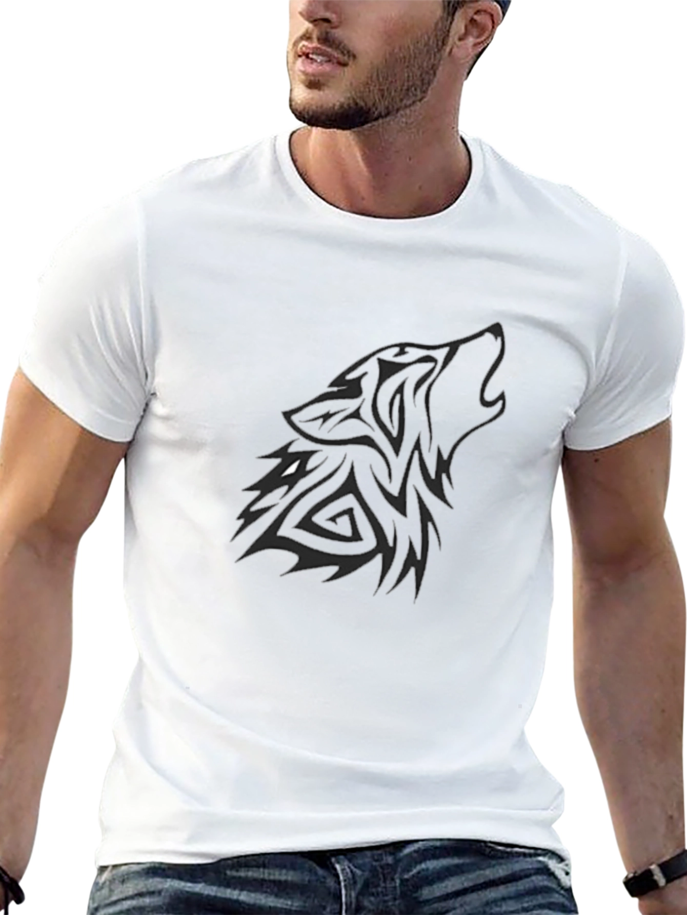 Black Men's Black T-Shirt with Tribal Wolf Graphic view 13